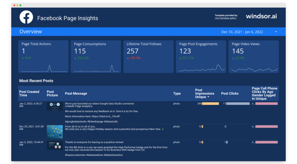 Facebook Page Insights Overview Report Data Studio template — Data Studio template preview