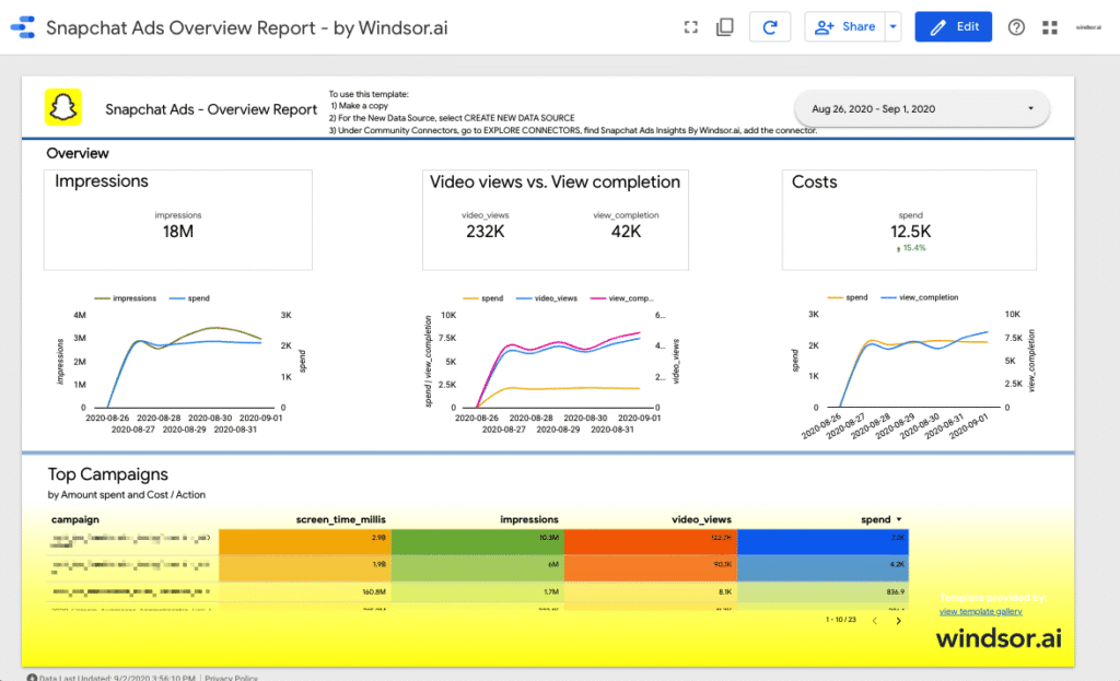Data Studio Snapchat Ads Overview Report — Data Studio template preview
