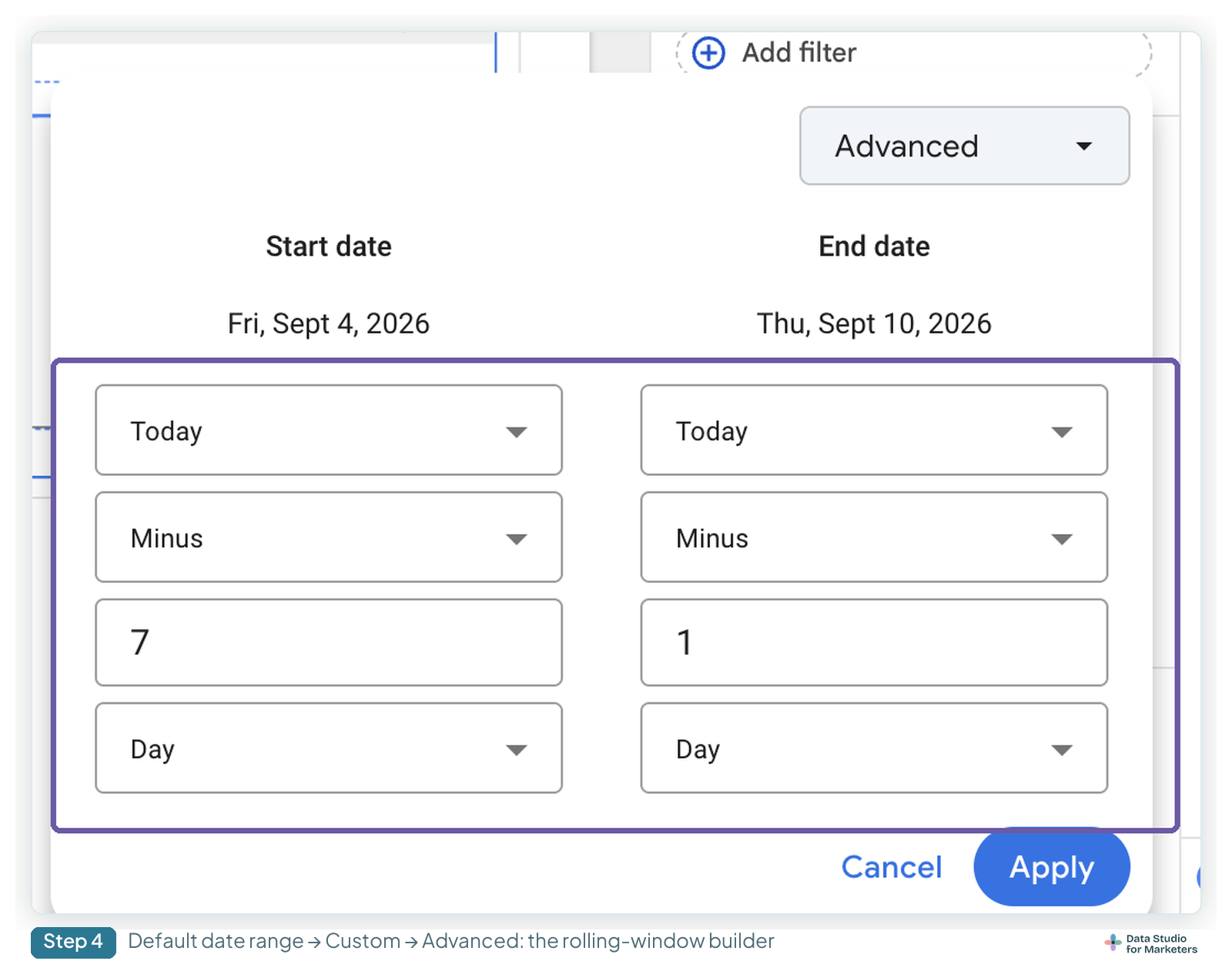 The Data Studio Advanced date range builder, showing Start date and End date each built from a Today dropdown, a Minus dropdown, a number field and a unit dropdown