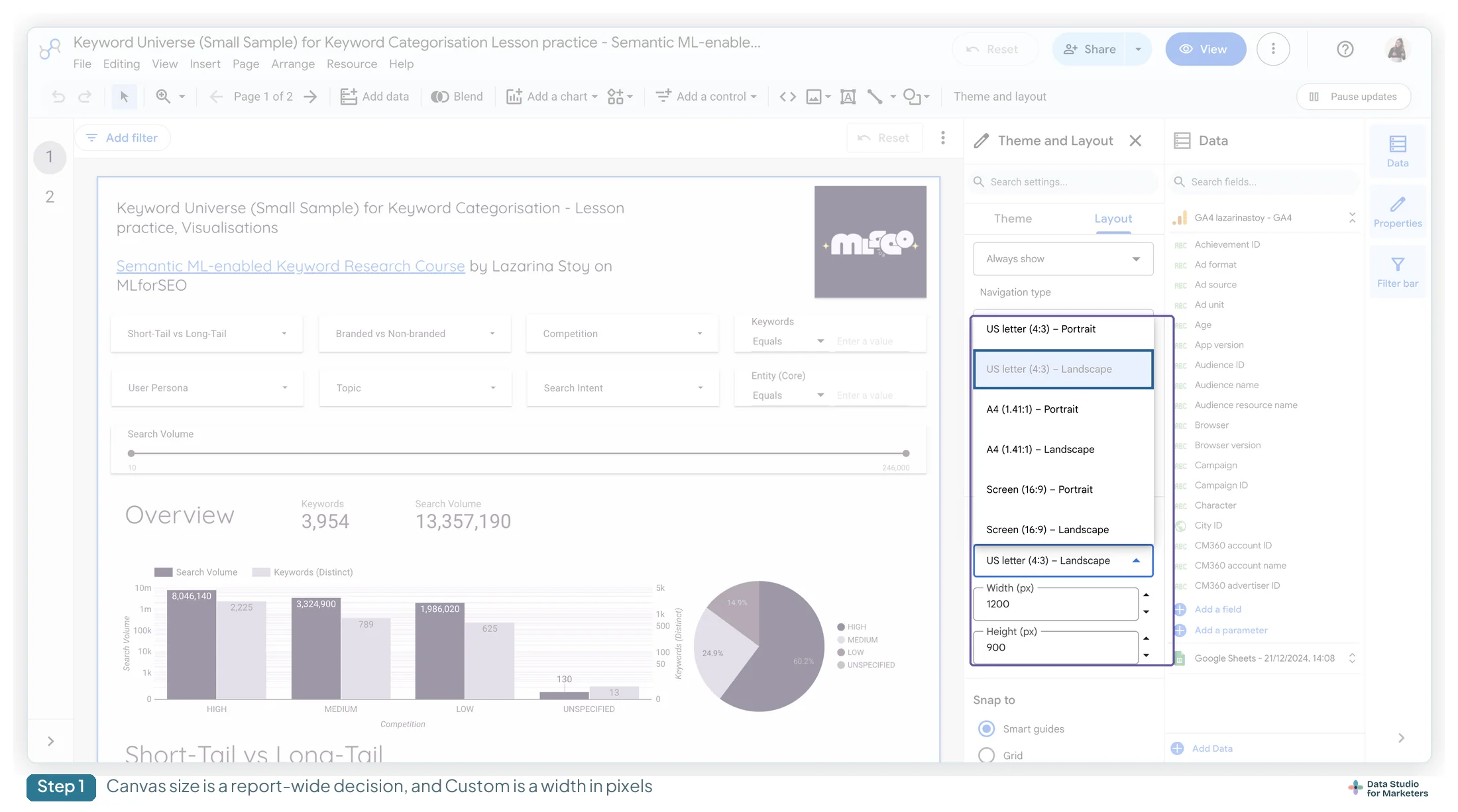 The Data Studio editor with Theme and layout open on the Layout tab, the canvas size dropdown expanded to show six presets — US letter 4:3 portrait and landscape, A4 1.41:1 portrait and landscape, Screen 16:9 portrait and landscape — above width 1200 and height 900 fields