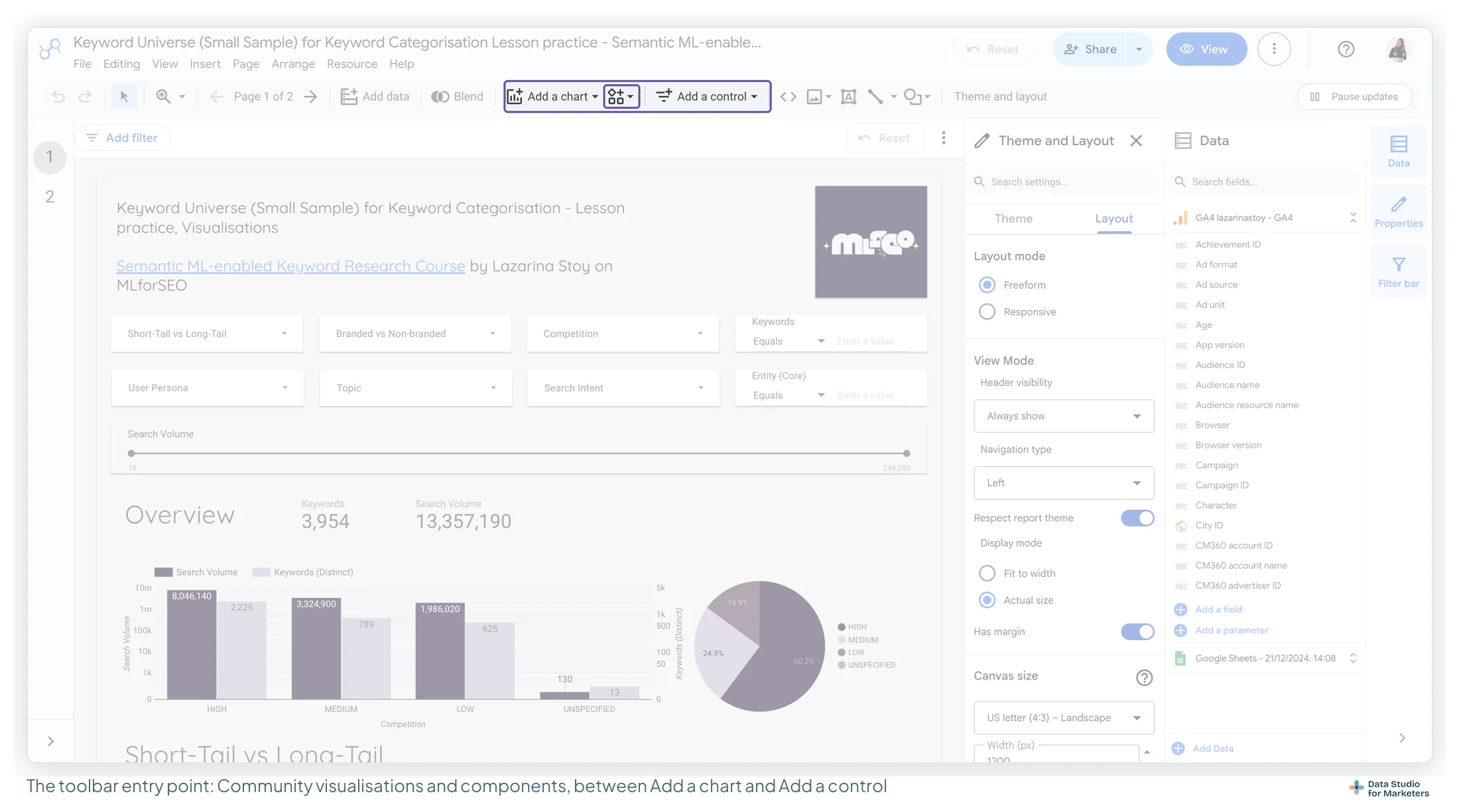 The Data Studio editor toolbar with the Community visualizations and components button highlighted, between Add a chart and Add a control