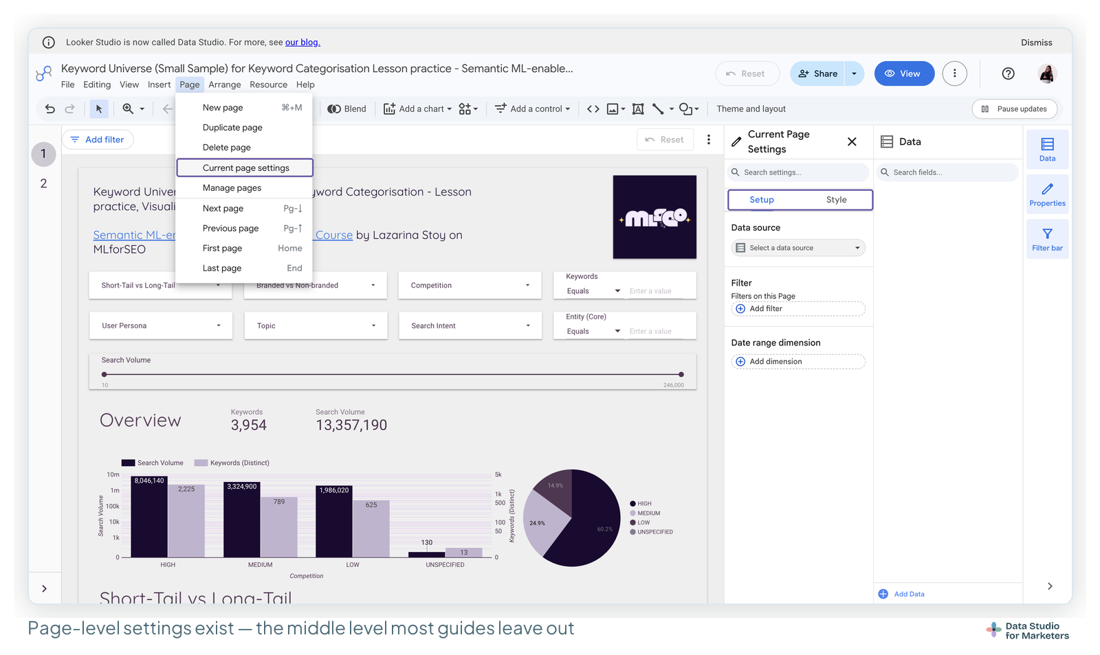 The Data Studio Page menu open with Current page settings highlighted, and the resulting Current Page Settings panel with Setup and Style tabs