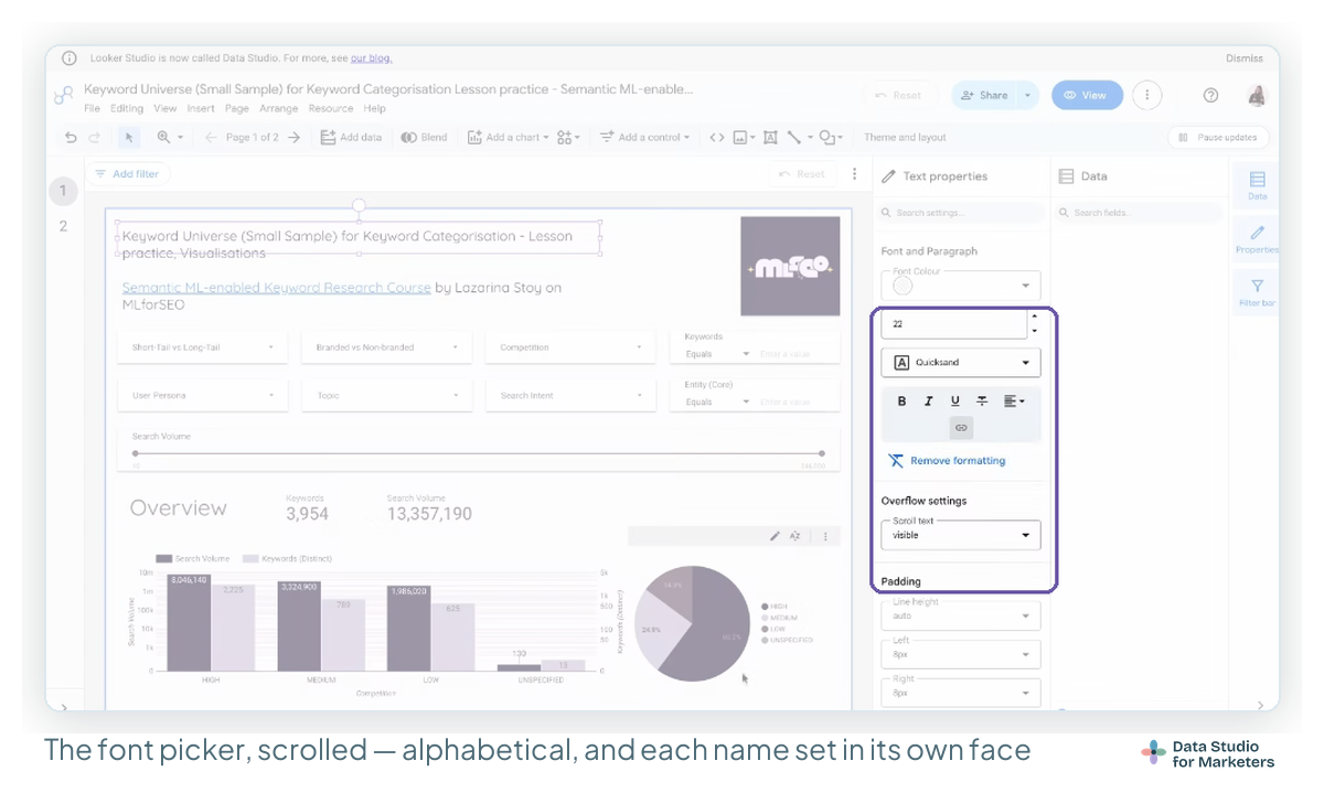 Animated screen recording of the Data Studio font picker being scrolled, with the dropdown highlighted against the dimmed report behind it and each font name set in its own typeface