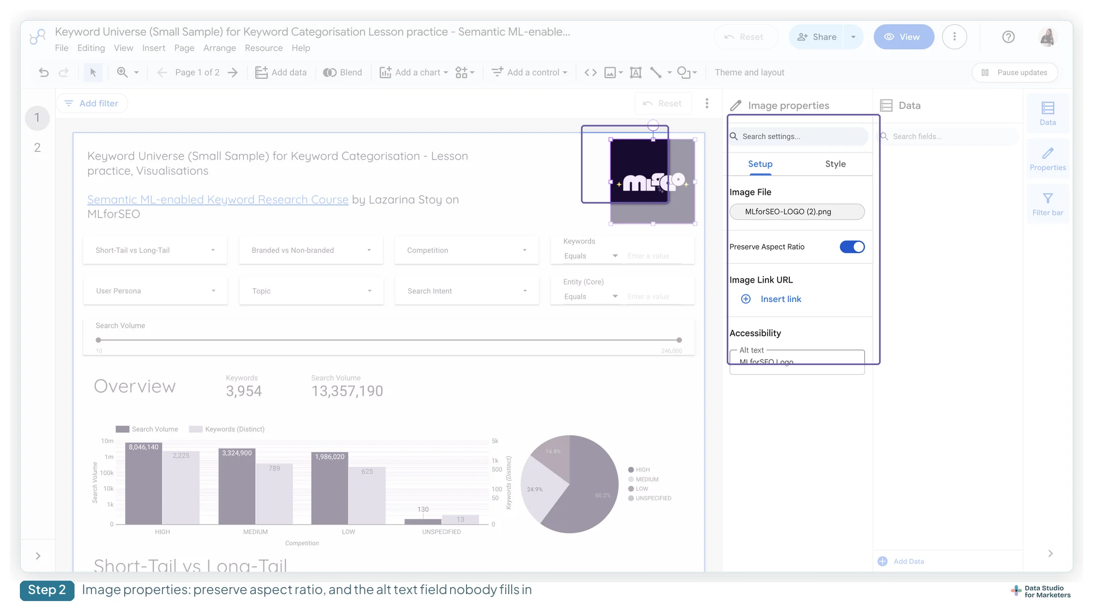 A logo selected on a Data Studio report canvas, with the Image properties panel highlighted showing the Image File name, a Preserve Aspect Ratio toggle, the Image Link URL field and an Accessibility alt text field reading MLforSEO Logo