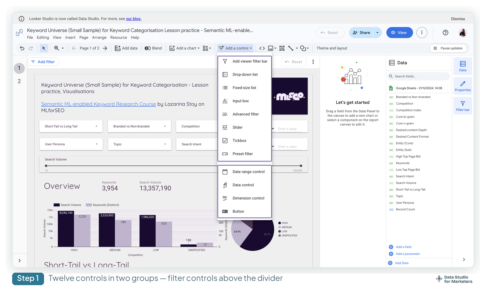 The Data Studio Add a control menu open, showing all twelve control types split into two groups by a divider