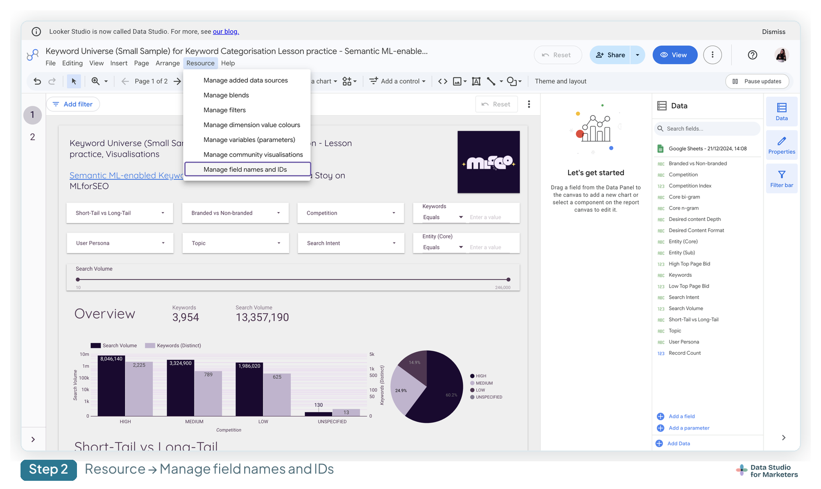 The Data Studio Resource menu with Manage field names and IDs highlighted at the bottom