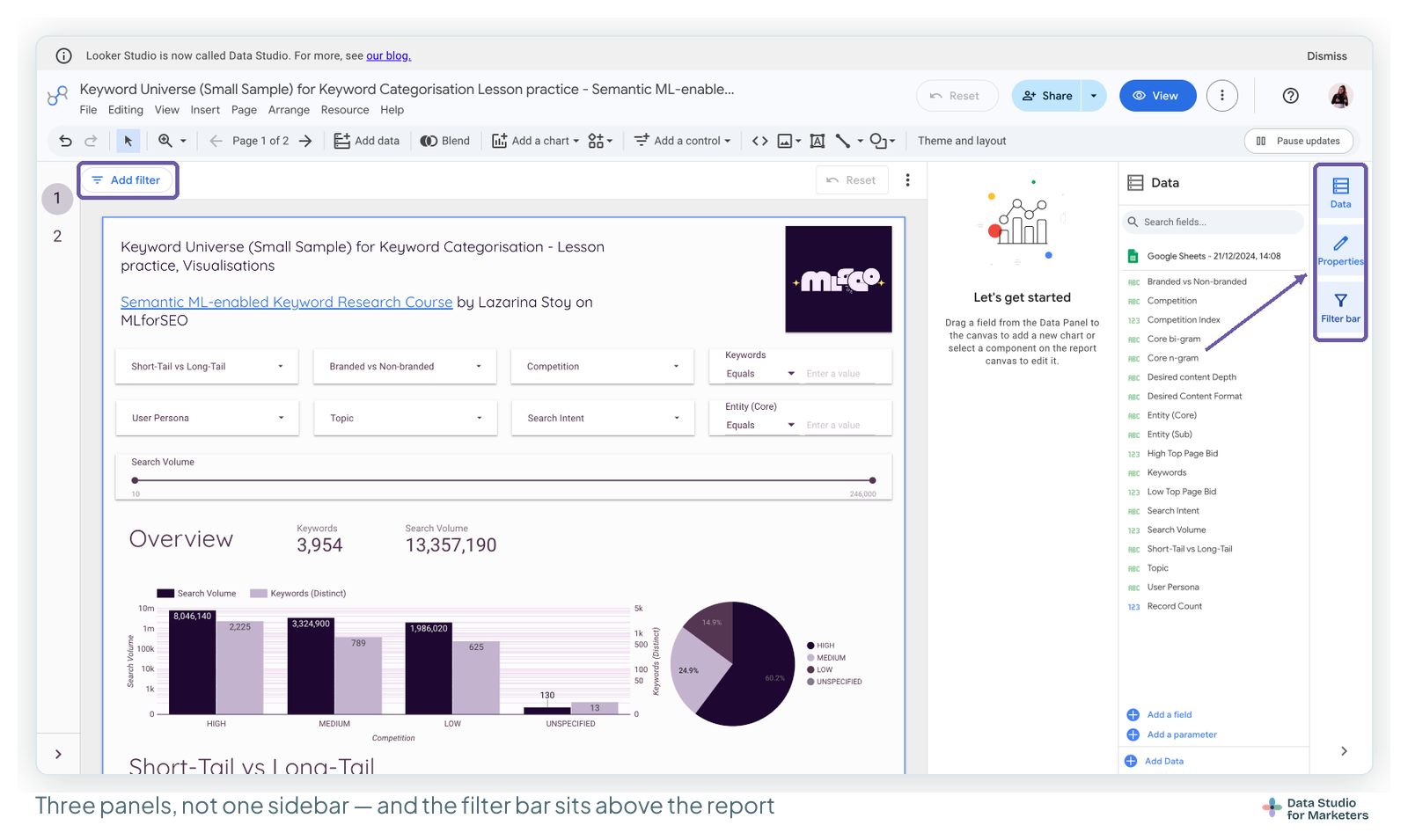 The right edge of the Data Studio editor, with the Data, Properties and Filter bar tabs highlighted and the Add filter bar above the report
