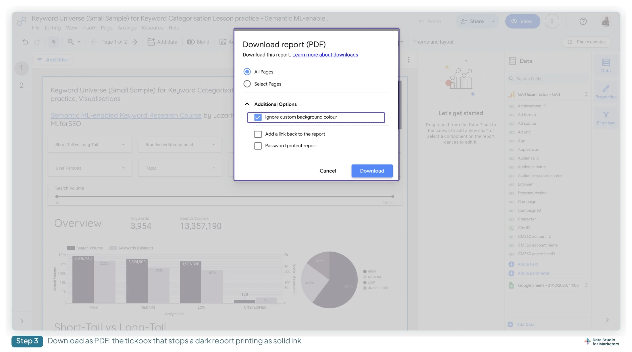 The Data Studio Download report PDF dialog with Additional Options expanded and the Ignore custom background colour checkbox ticked, above options to add a link back to the report and to password protect it