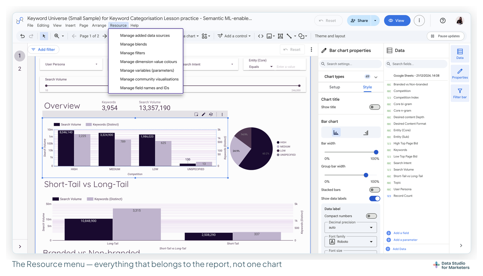 The Resource menu open in the Data Studio editor, listing Manage added data sources, blends, filters, dimension value colours, variables, community visualisations, and field names and IDs
