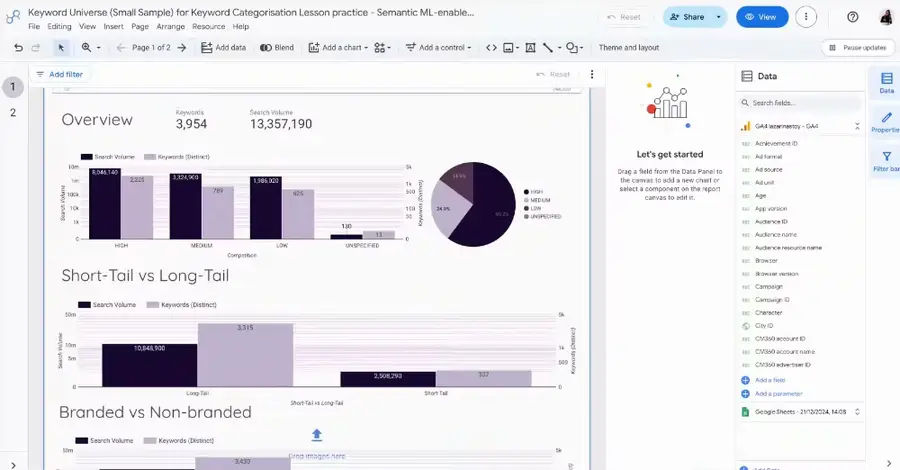 Animation of a chart being dragged in Data Studio, showing a red alignment guide when its edge lines up with a neighbour and blue spacing guides with a live pixel readout