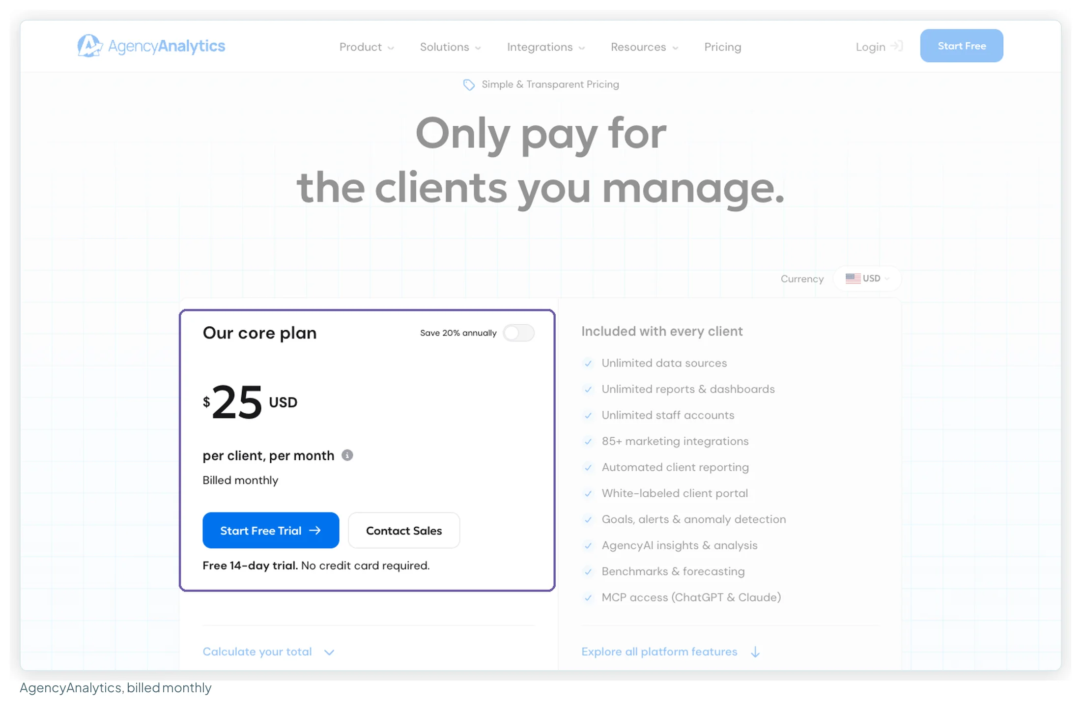 AgencyAnalytics pricing page with the annual toggle off: 25 dollars per client per month, billed monthly