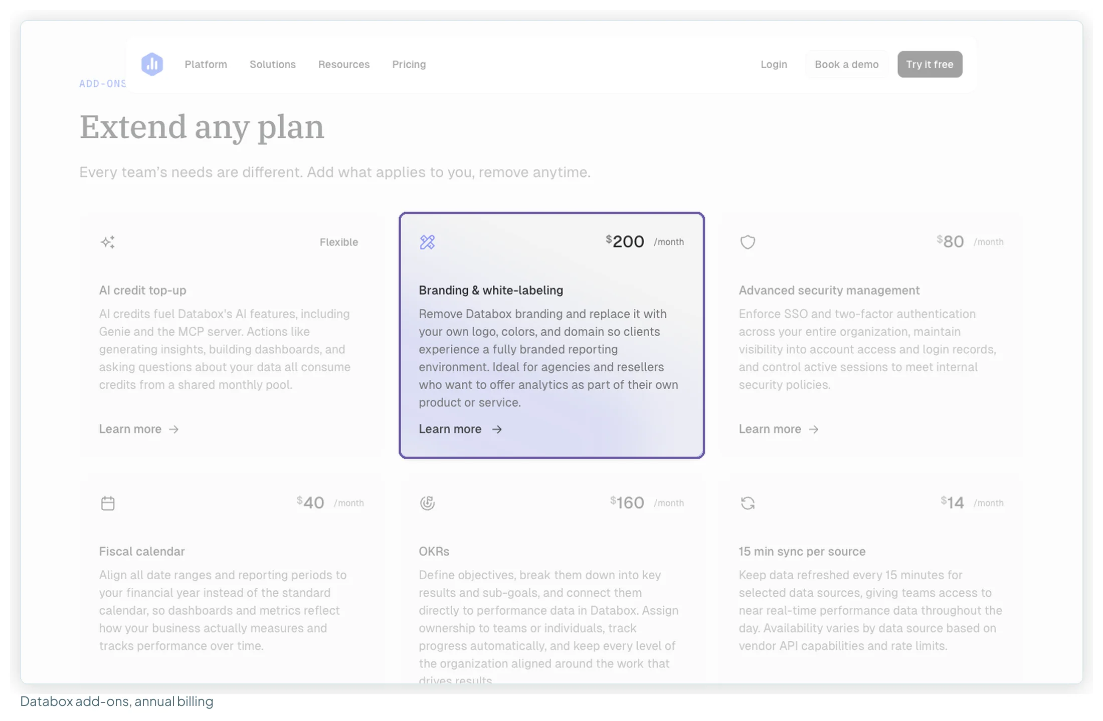 Databox add-ons on annual billing, with Branding and white-labeling at 200 dollars a month highlighted