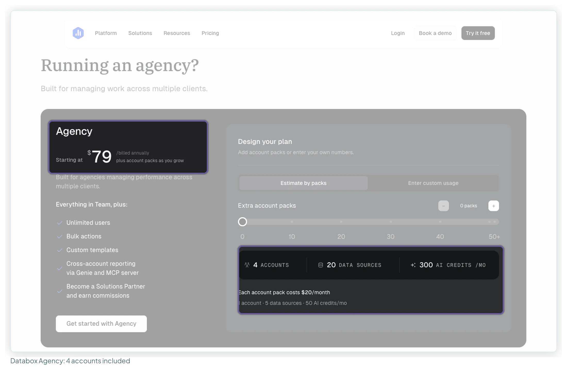 Databox Agency plan from 79 dollars billed annually, with the plan calculator showing 4 accounts, 20 data sources and 300 AI credits included and each extra account pack at 20 dollars a month