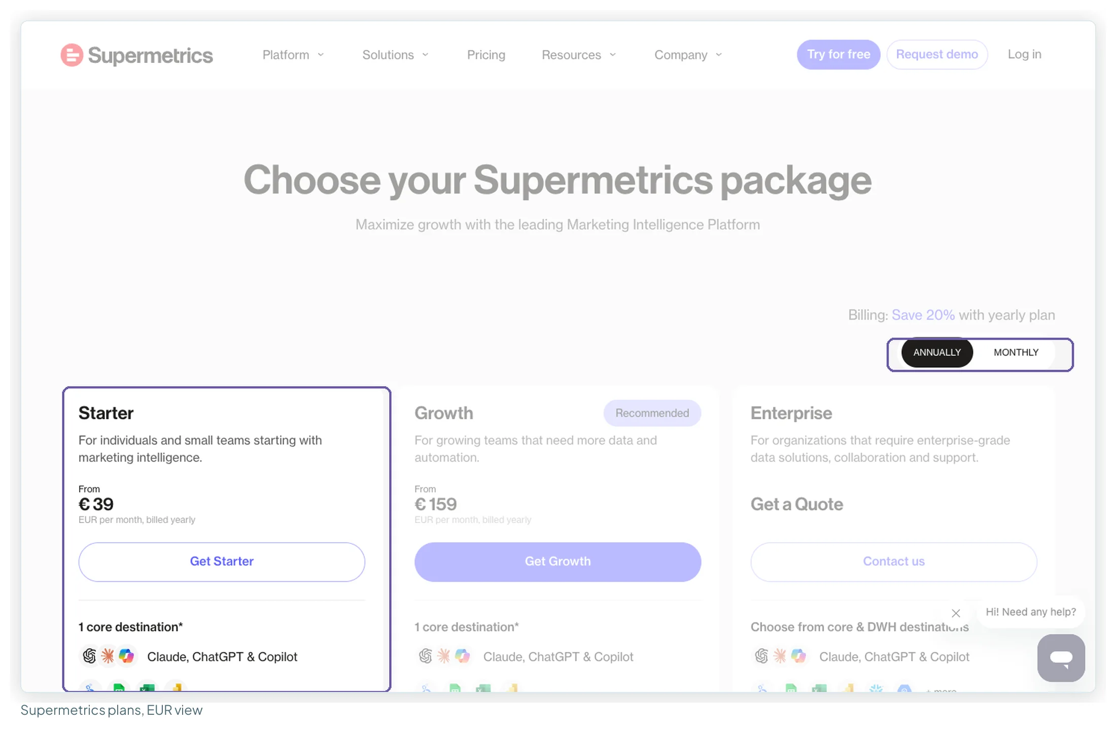 Supermetrics pricing page in the EU view with yearly billing selected: Starter from 39 euros a month, Growth from 159 euros, Enterprise on quote