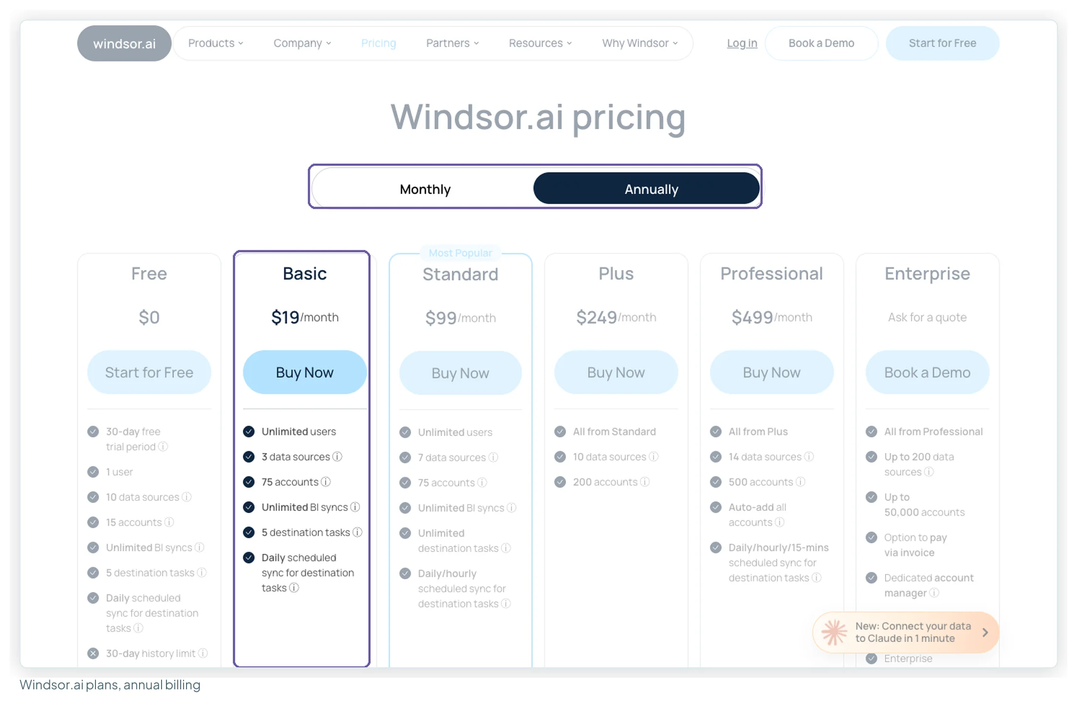 Windsor.ai pricing on annual billing with the Basic plan at 19 dollars a month highlighted: unlimited users, 3 data sources, 75 accounts