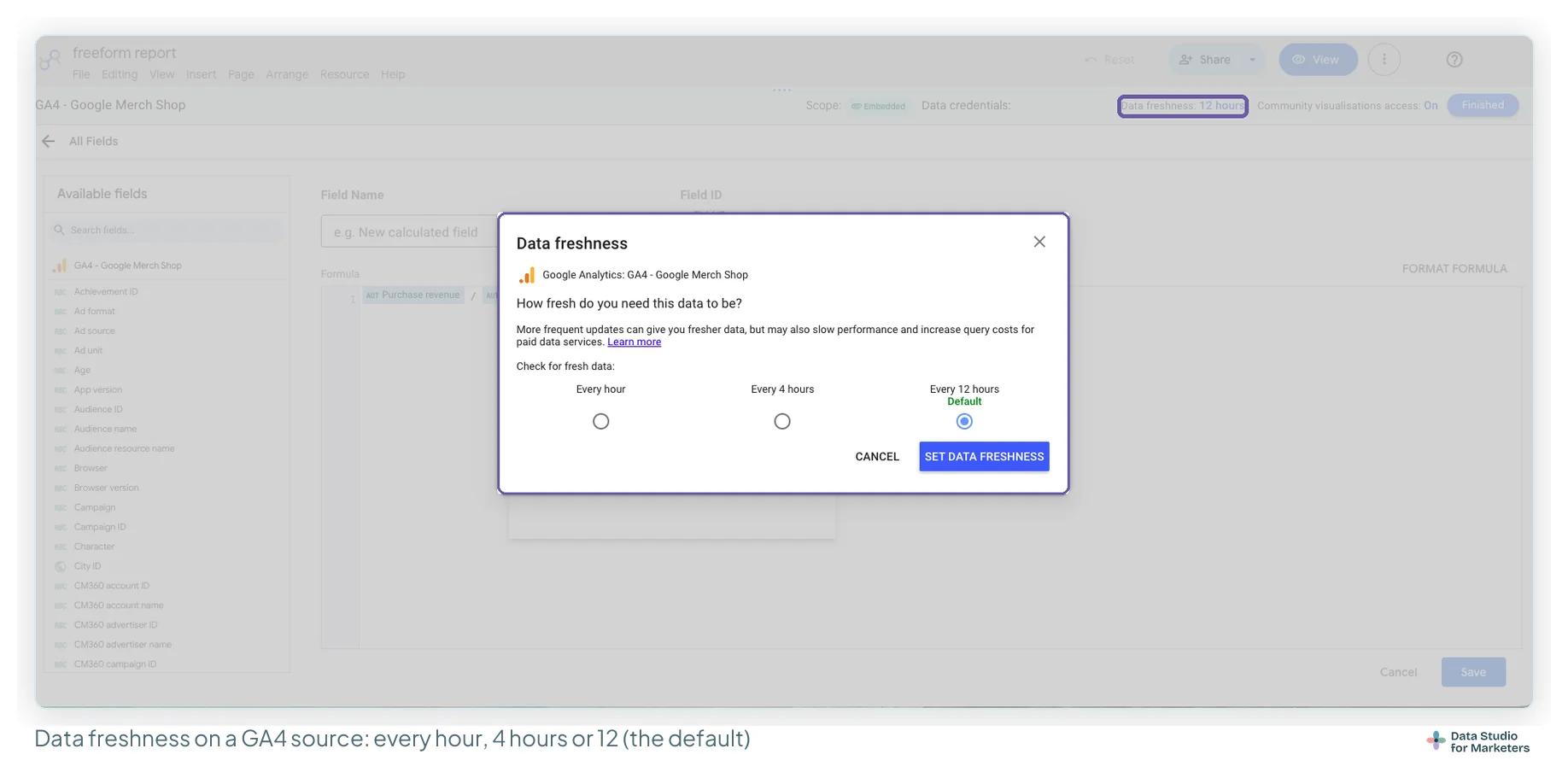 The Data freshness dialog for a GA4 demo data source: How fresh do you need this data to be, with Every hour, Every 4 hours and Every 12 hours, the last marked Default and selected