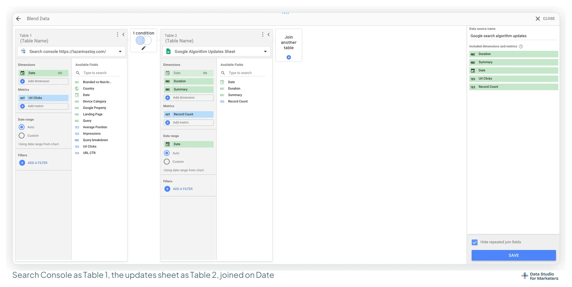 The Blend Data editor: Search Console for lazarinastoy.com as Table 1 with Date and Url Clicks, the Google Algorithm Updates Sheet as Table 2 with Date, Duration and Summary, joined by one condition, saved as Google search algorithm updates