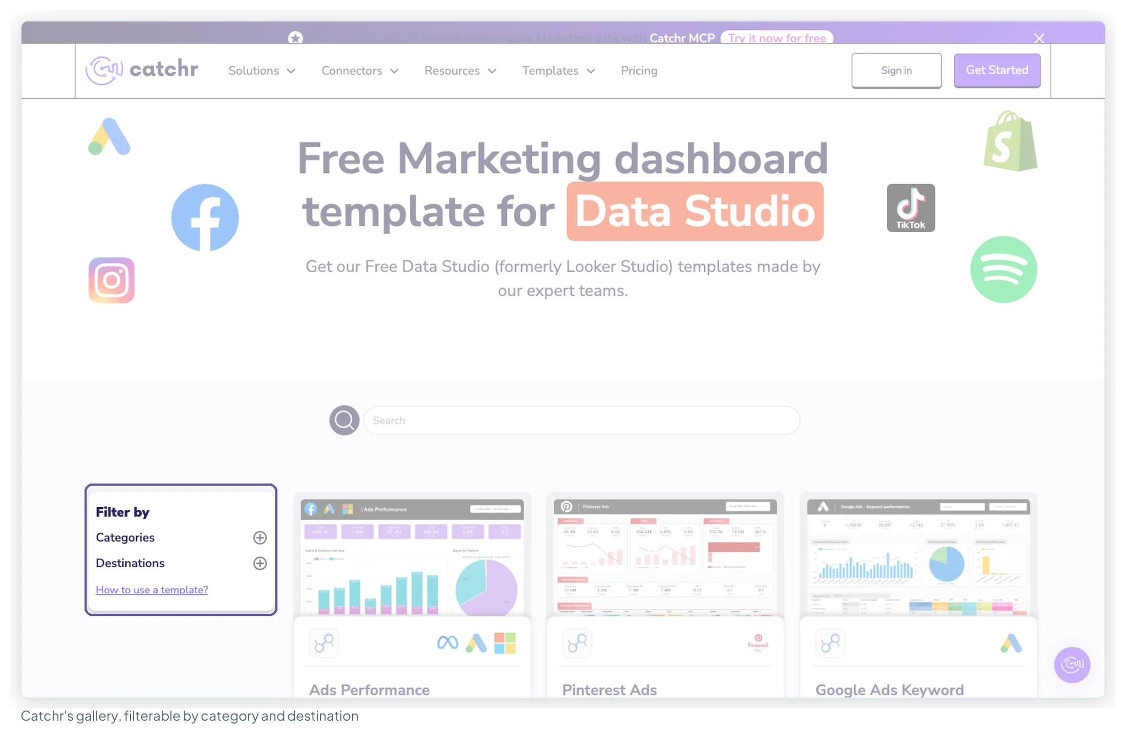 Catchr's free Data Studio template page with the category and destination filters highlighted