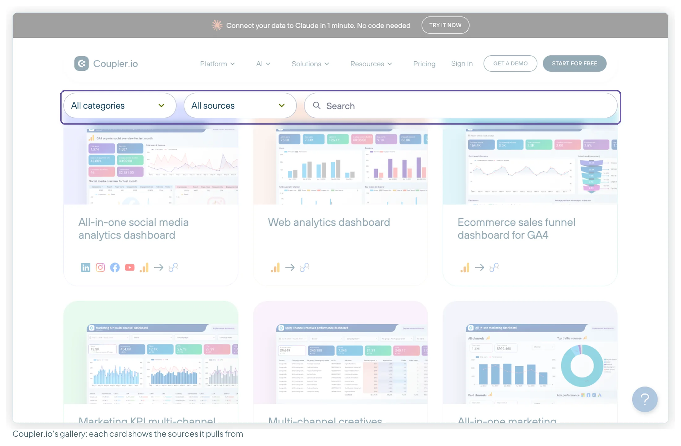 Coupler.io's Data Studio template gallery with the category, source and search filters highlighted above template cards