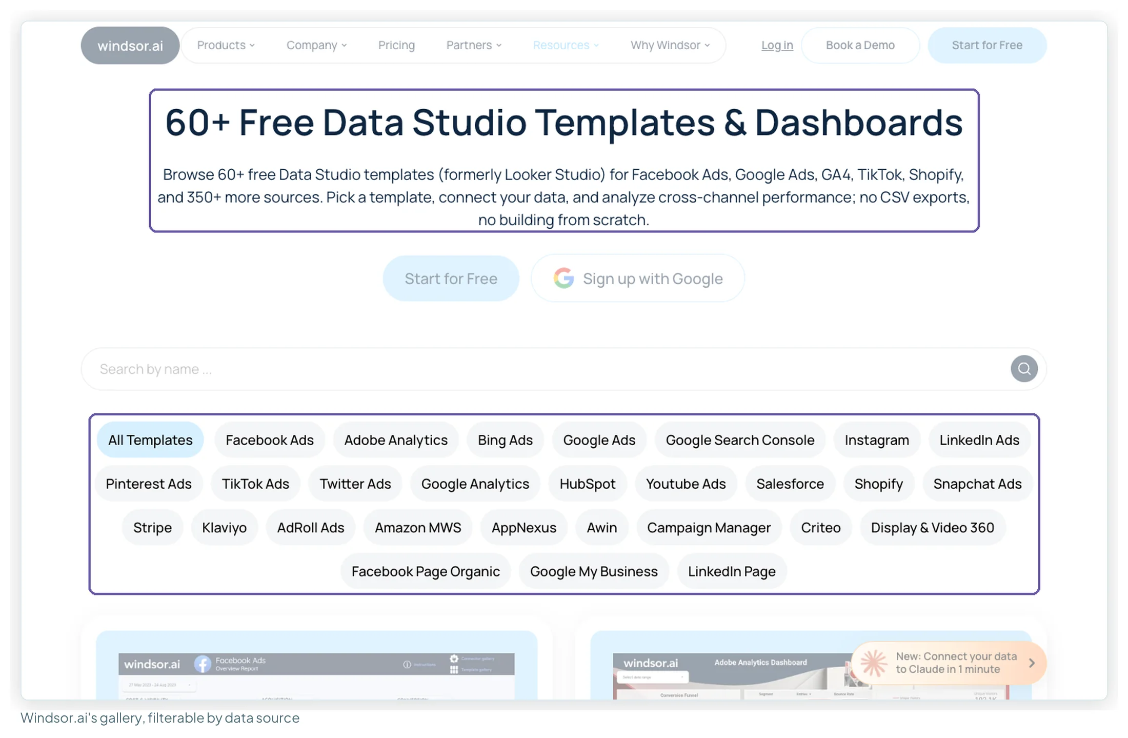 Windsor.ai's Data Studio template gallery headline and its row of data-source filters such as Facebook Ads, Google Ads, Shopify and HubSpot