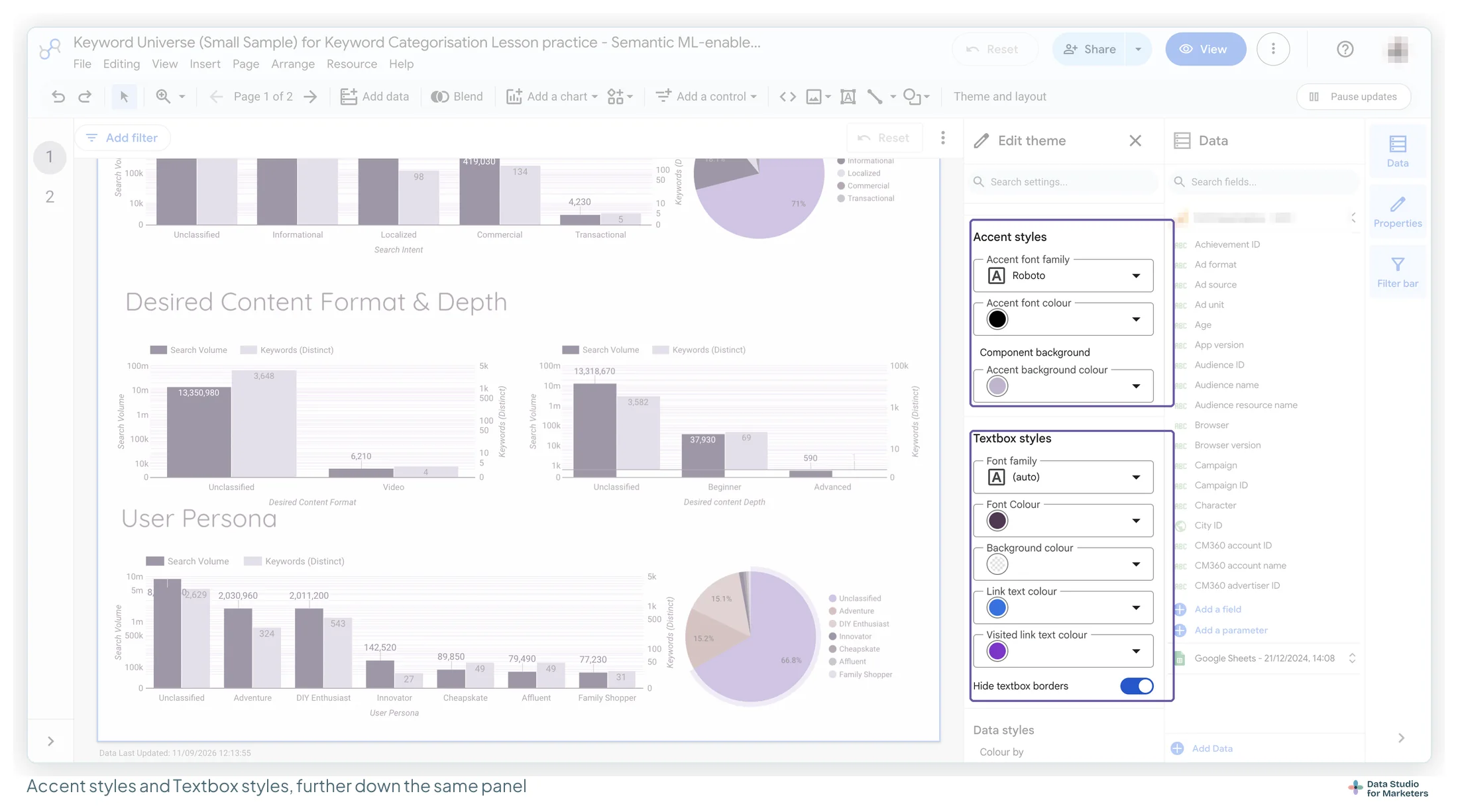 The Data Studio Edit theme panel with Accent styles highlighted, showing accent font family, accent font colour and accent background colour, and Textbox styles below with font family set to auto, font and background colours and link colours