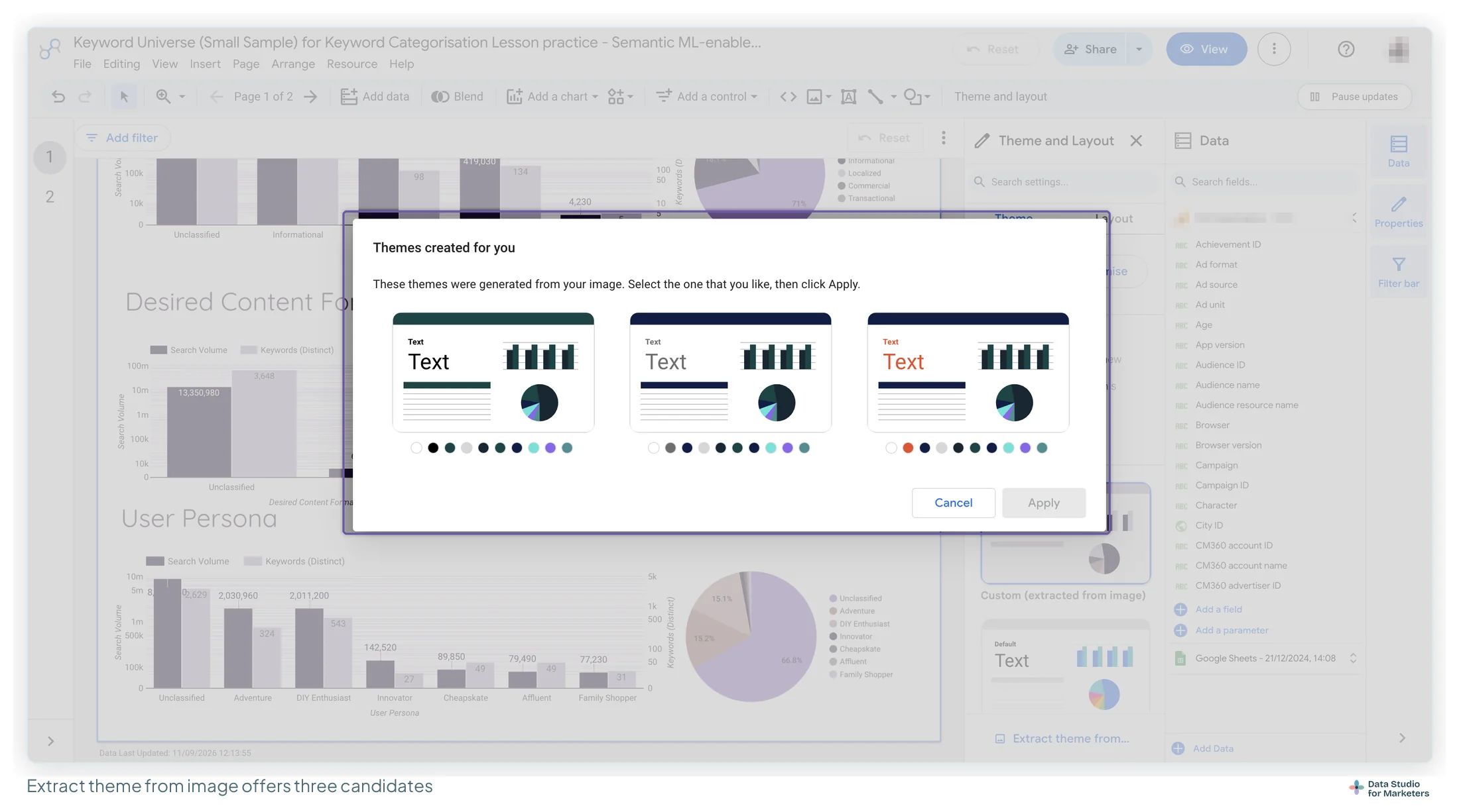 The Data Studio Themes created for you dialog showing three candidate themes generated from a brand image, each with a text sample, a bar chart, a pie and a row of palette dots, with Cancel and Apply buttons