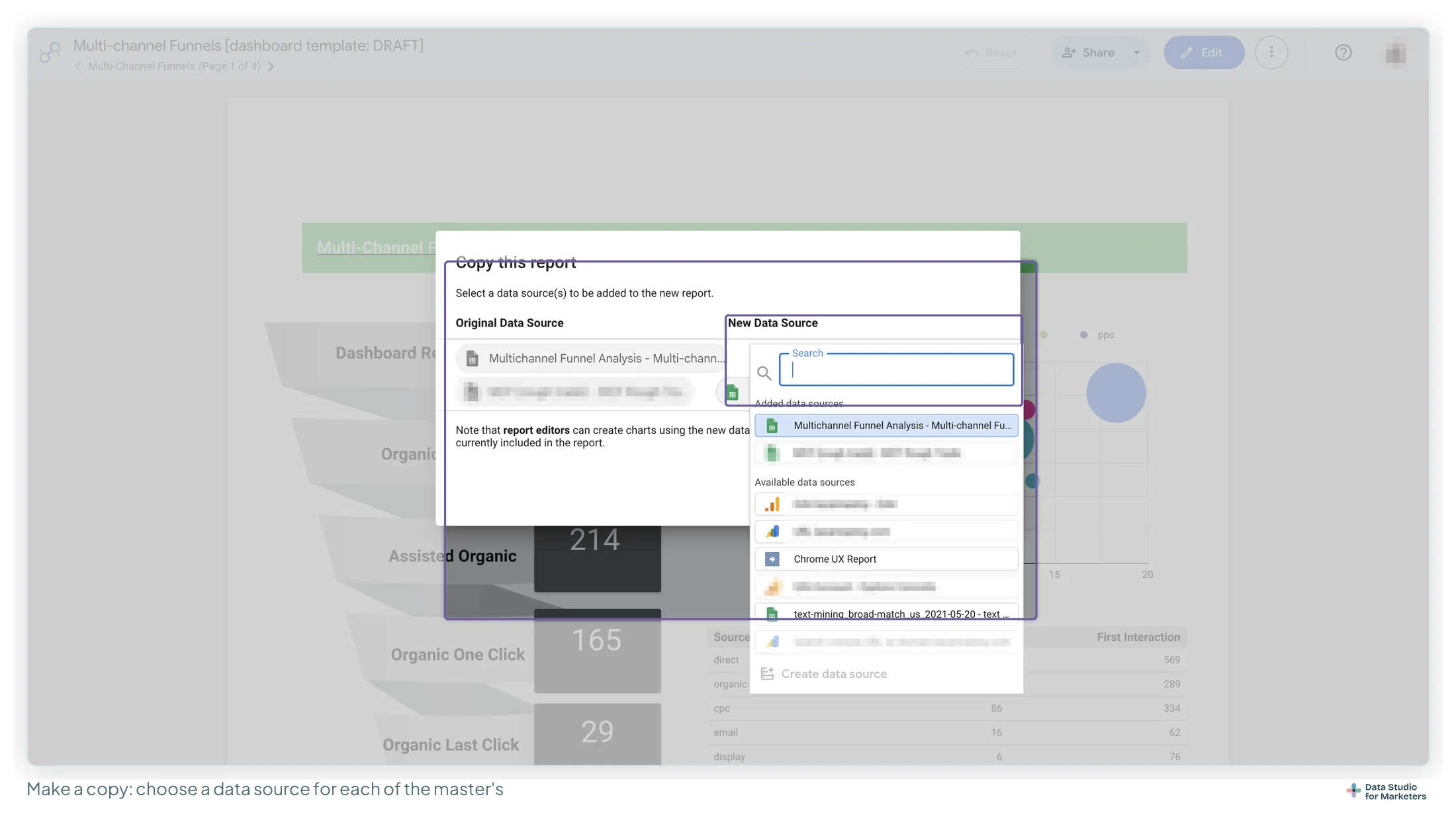 The Data Studio Copy this report dialog with Original Data Source on the left and New Data Source on the right, its search box open over a list of added and available data sources, several source names blurred