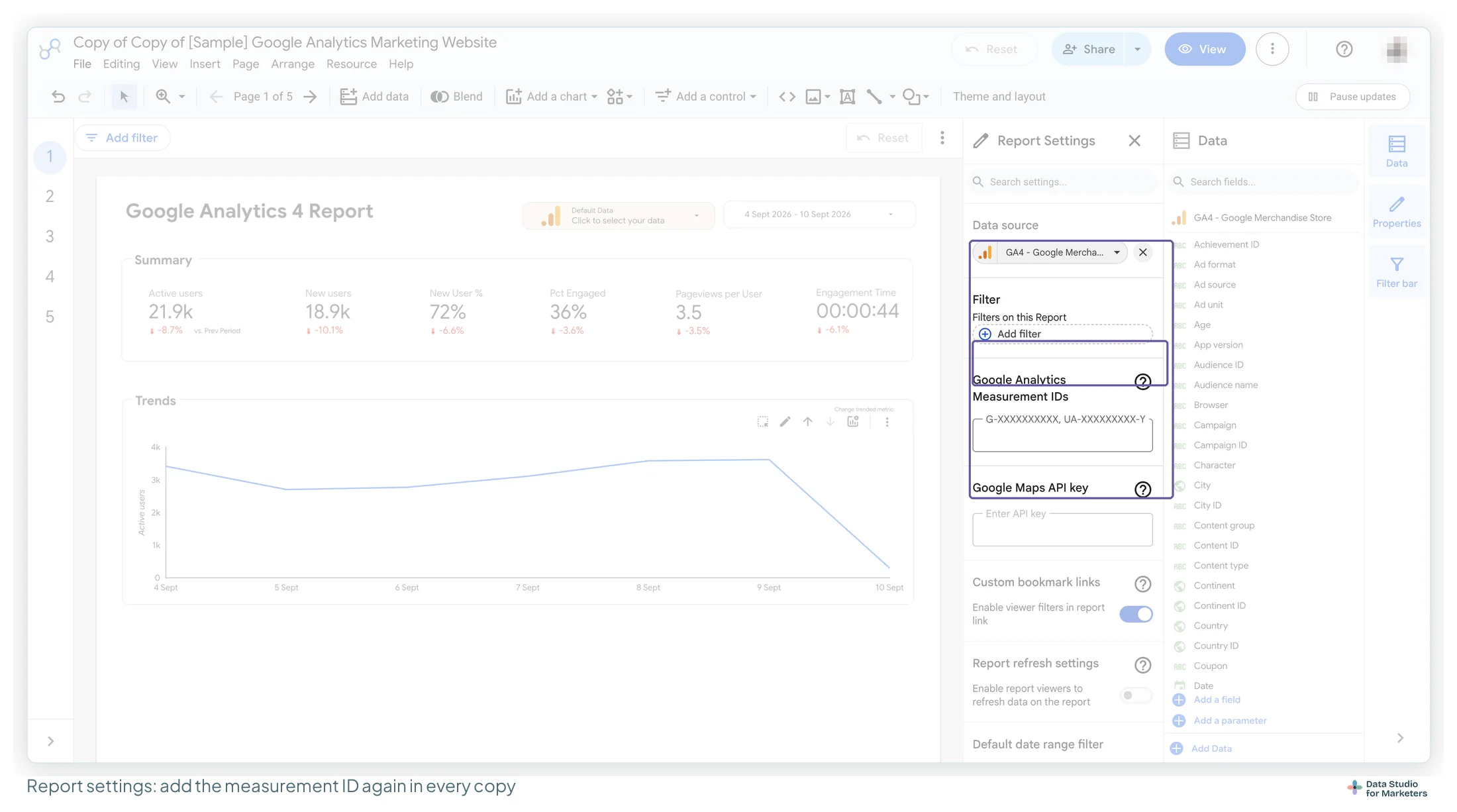 The Data Studio Report settings panel with the Google Analytics Measurement IDs field boxed, below the report's data source and filter settings