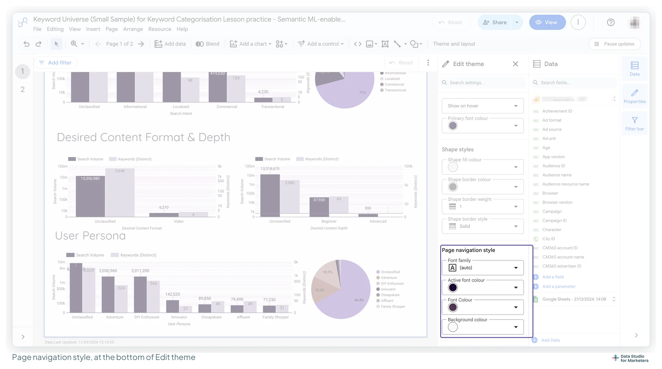 The Data Studio Edit theme panel scrolled to the bottom, with Page navigation style highlighted: font family auto, active font colour, font colour and background colour
