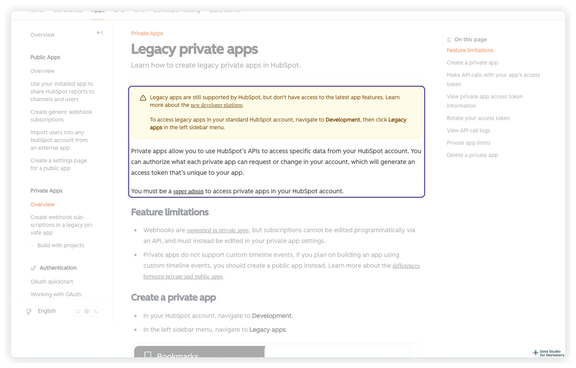 HubSpot's developer documentation on legacy private apps, highlighting that legacy apps are still supported, that they're under Development then Legacy apps, and that you must be a super admin to access private apps