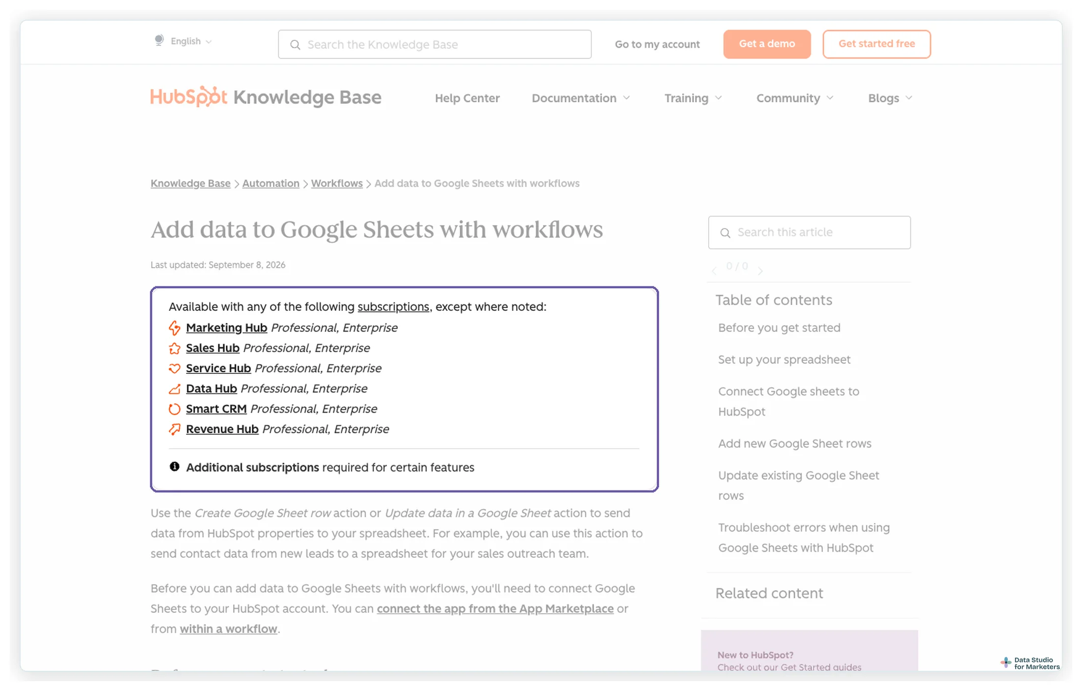 HubSpot's knowledge base article Add data to Google Sheets with workflows, highlighting the subscriptions it needs: Professional or Enterprise tiers of Marketing Hub, Sales Hub, Service Hub, Data Hub, Smart CRM or Revenue Hub