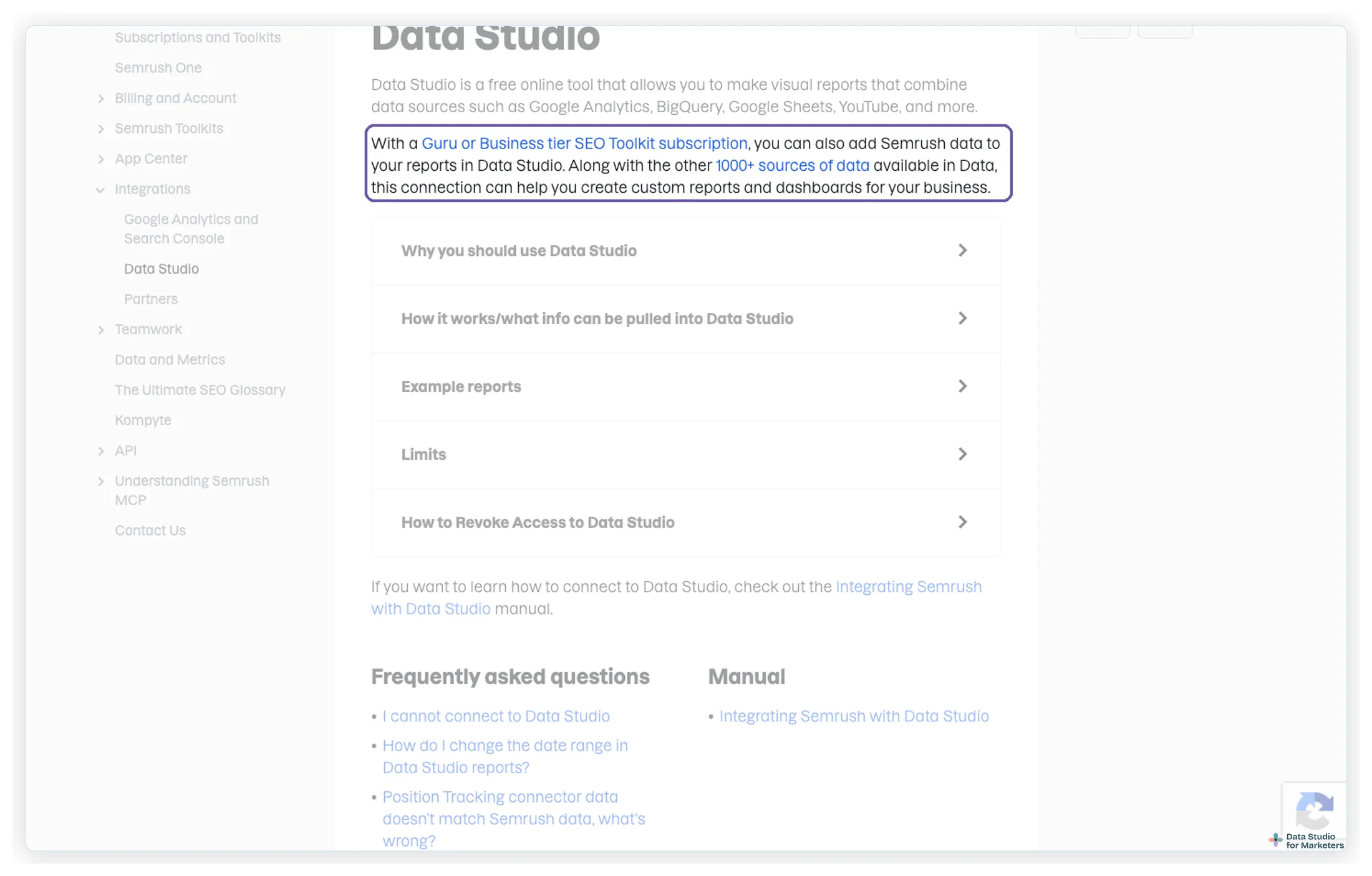 Semrush's knowledge base page on Data Studio, highlighting the sentence that says a Guru or Business tier SEO Toolkit subscription is needed to add Semrush data to Data Studio reports