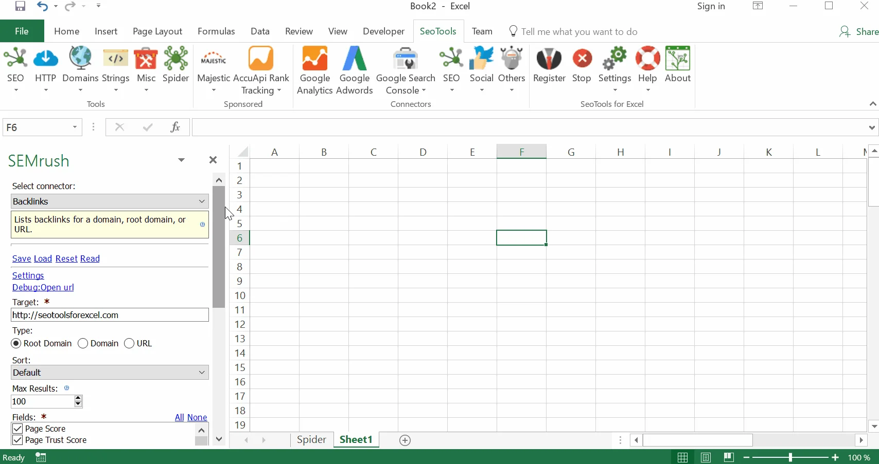 SEO Tools for Excel with its Semrush panel open beside an empty worksheet: the Backlinks connector selected, a target domain, the root domain, domain or URL option, a sort order, max results of 100 and the fields to return