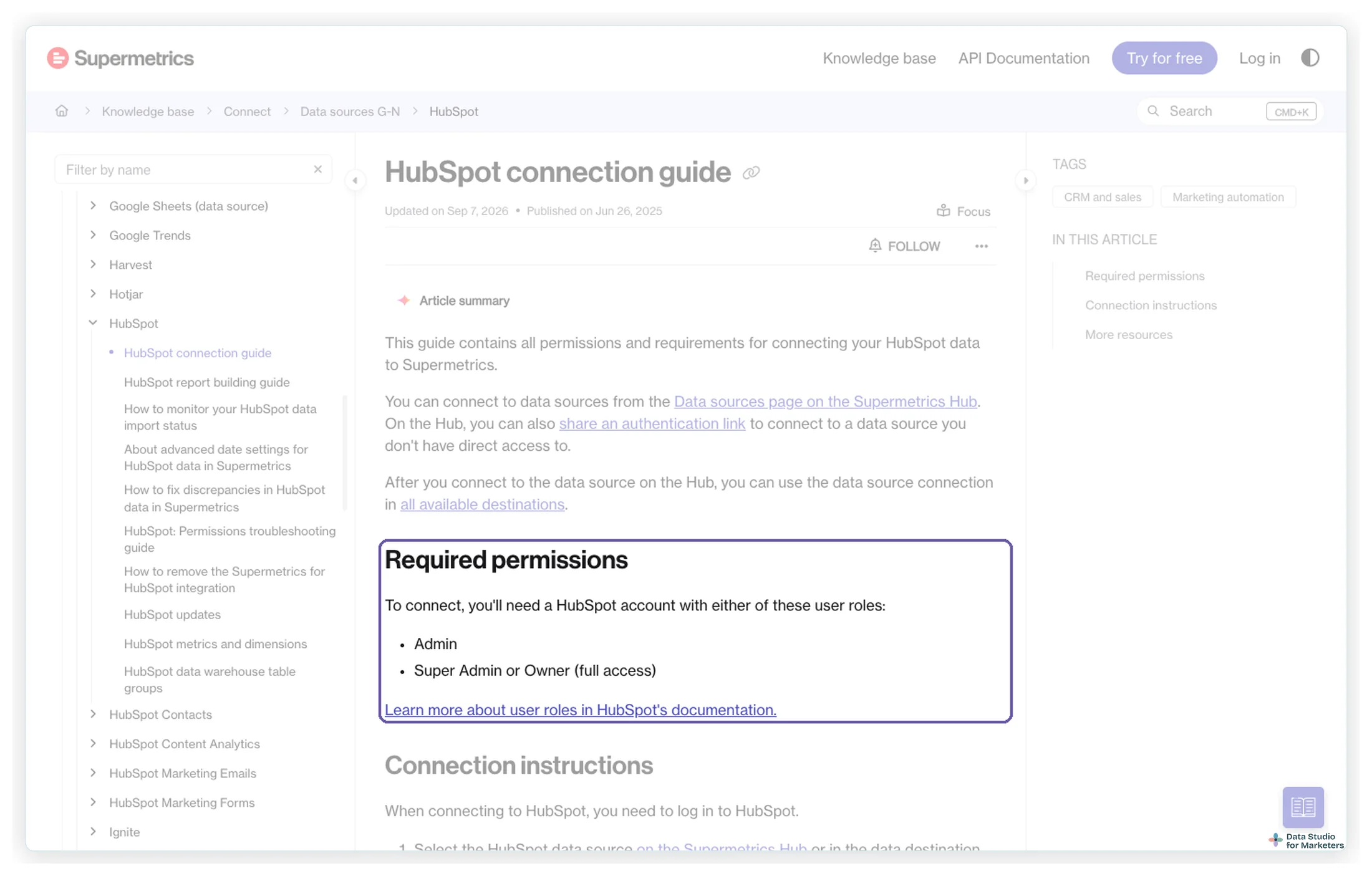 Supermetrics' HubSpot connection guide, highlighting the required permissions: a HubSpot account with the Admin role, or Super Admin or Owner with full access