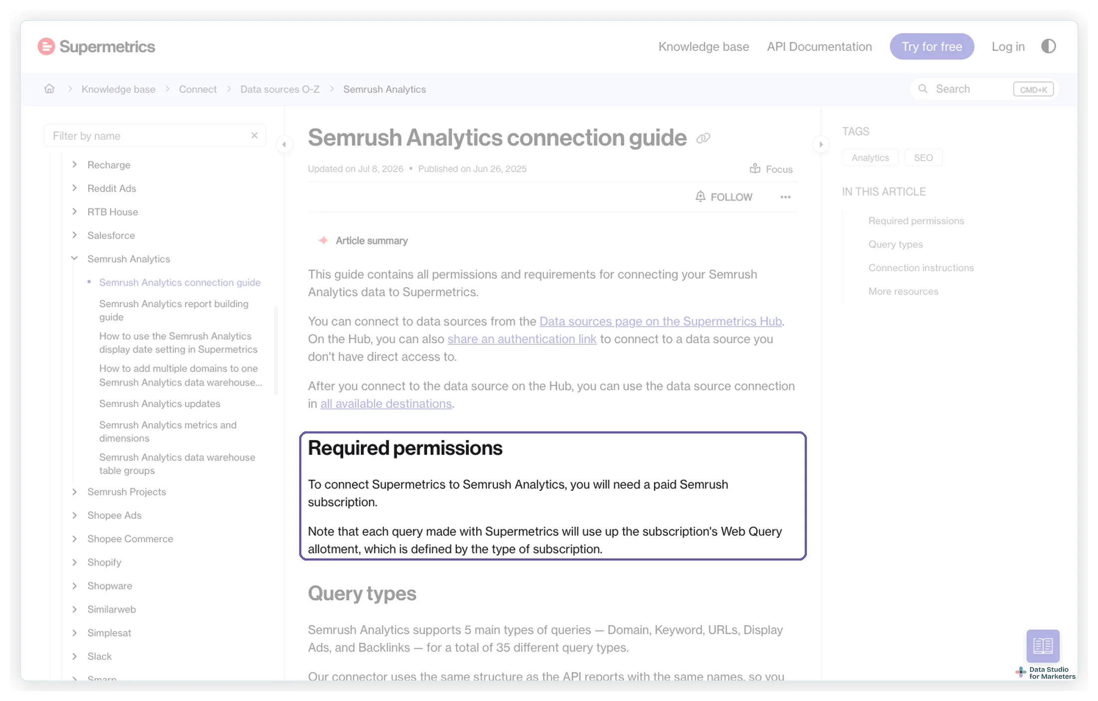 Supermetrics' Semrush Analytics connection guide, highlighting the required permissions: a paid Semrush subscription, with each query using the subscription's Web Query allotment