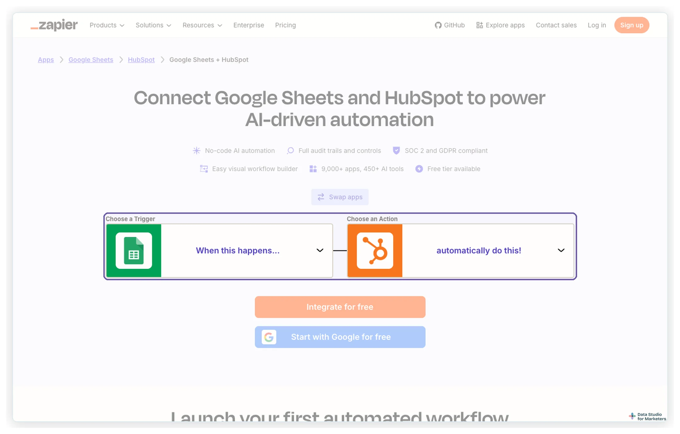 Zapier's Google Sheets and HubSpot integration page, highlighting the trigger and action pickers: choose a trigger in one app and an action in the other