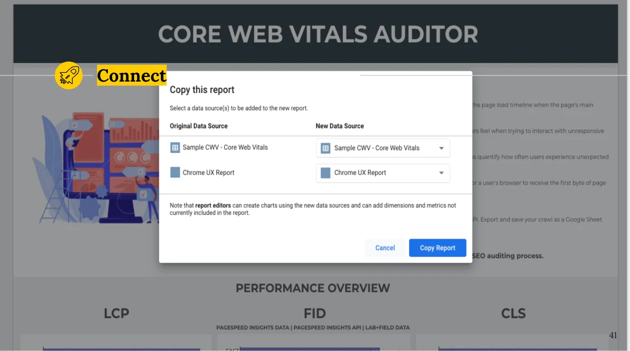 The Copy this report dialog in Data Studio over the Core Web Vitals Auditor, listing two original data sources, the sample crawl and Chrome UX Report, each with a New Data Source drop-down
