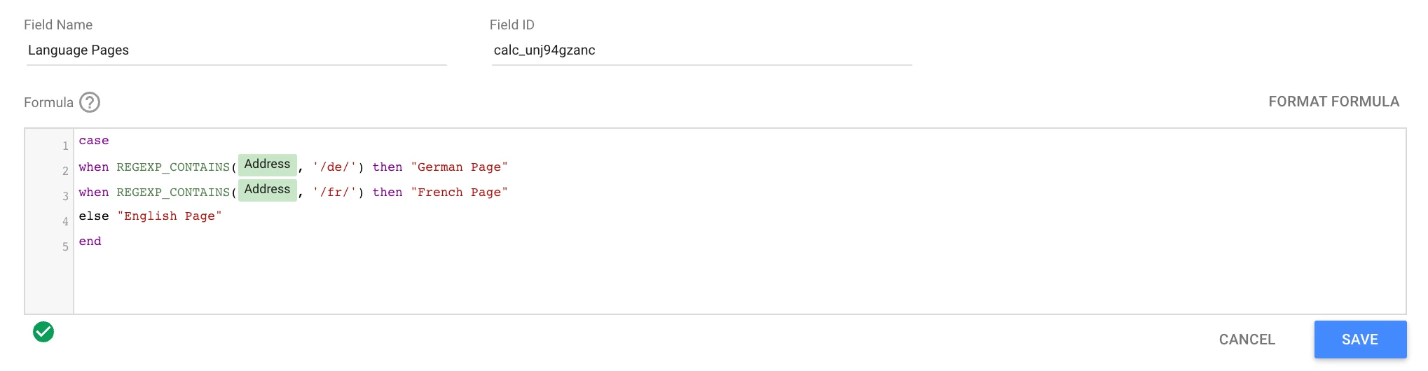 A calculated field named Language Pages: a CASE statement on Address labelling /de/ as German Page, /fr/ as French Page and everything else English Page