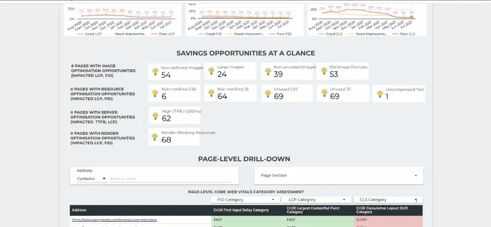 Animated view of the savings opportunities section: counts of pages with image, resource, server and render optimisation opportunities, such as 54 pages with offscreen images and 62 with a high TTFB