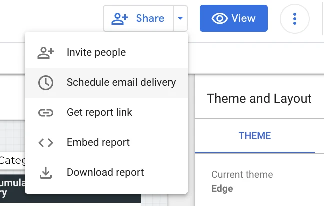 The Share menu in Data Studio open on Schedule email delivery, under Invite people and above Get report link, Embed report and Download report