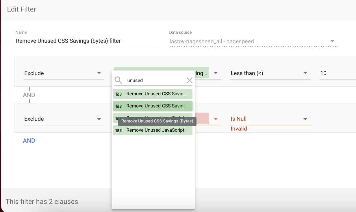 The Edit Filter panel for "Remove Unused CSS Savings (bytes) filter": two Exclude clauses, less than 10 and is null, with the field picker searching "unused" and listing the matching savings fields
