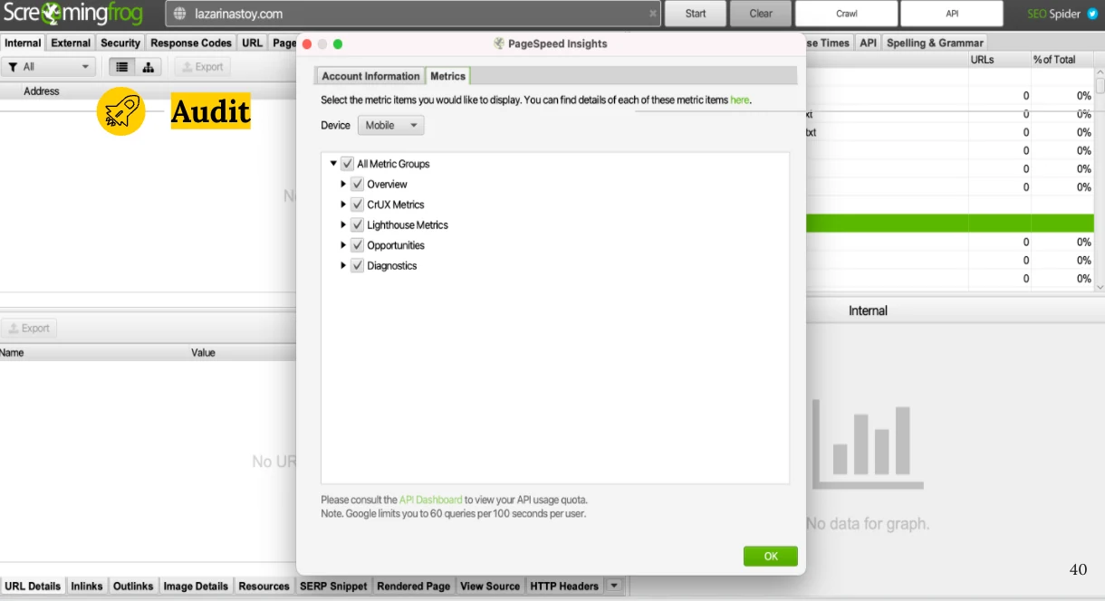 Screaming Frog's PageSpeed Insights window on the Metrics tab, device set to Mobile, with all metric groups ticked: Overview, CrUX Metrics, Lighthouse Metrics, Opportunities and Diagnostics