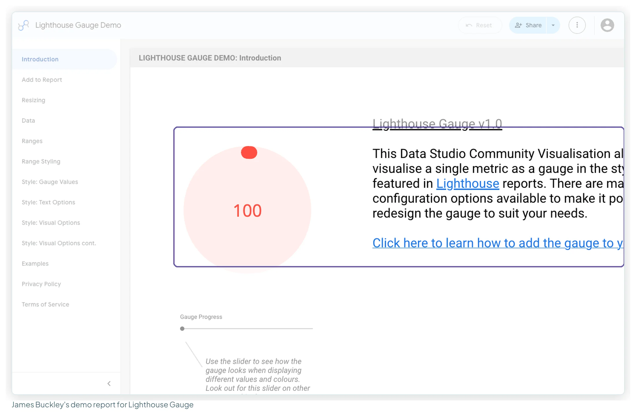 James Buckley's Lighthouse Gauge demo report showing a ring gauge at 100 next to the visualisation's introduction