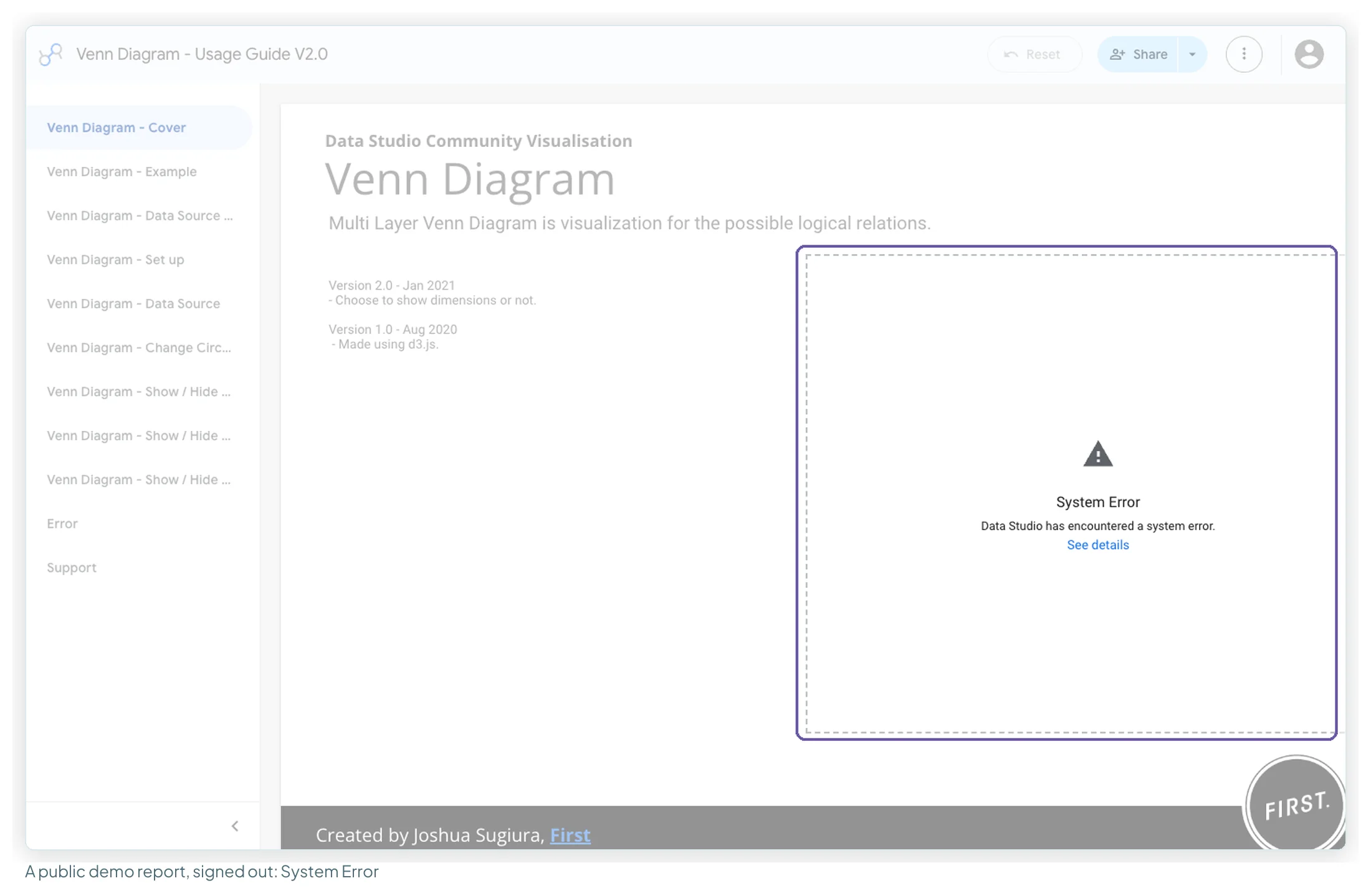 The Venn Diagram usage guide report opened signed out, with a System Error box where the diagram should be