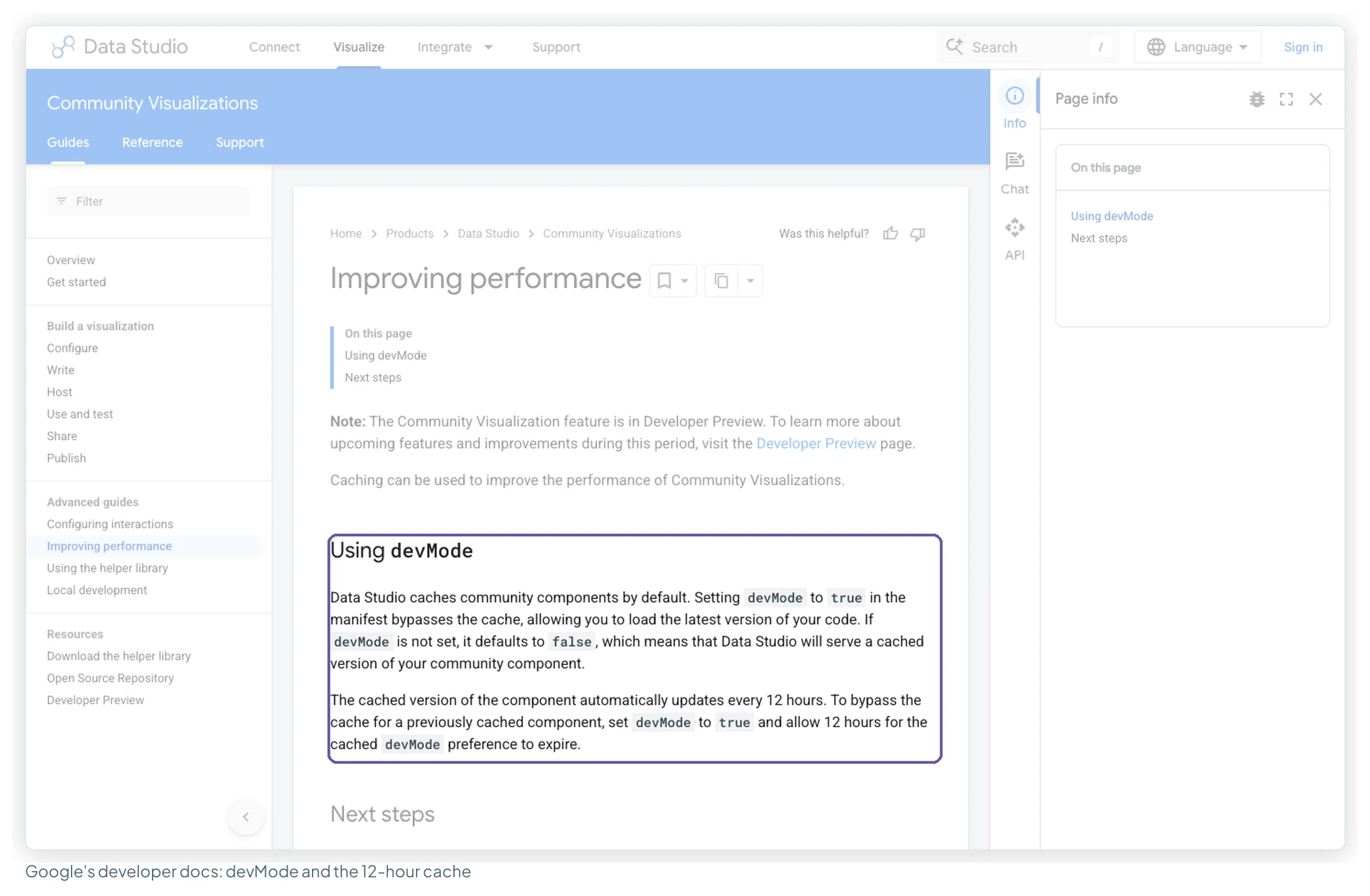 Google's developer documentation page Improving performance, with the Using devMode section about caching and the 12-hour refresh highlighted