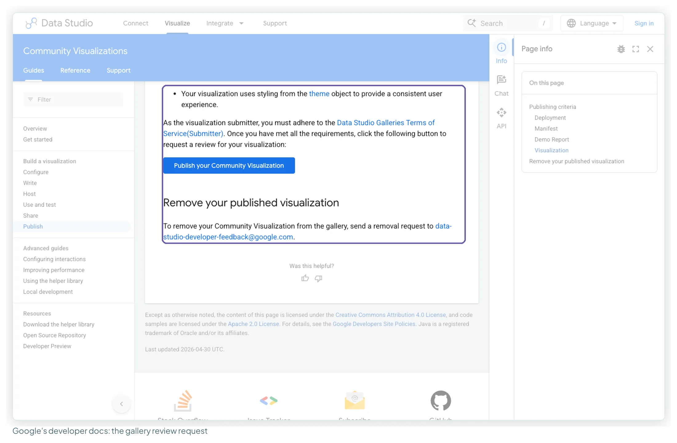 Google's developer documentation page Publish your community visualization with the review button and the removal instructions highlighted