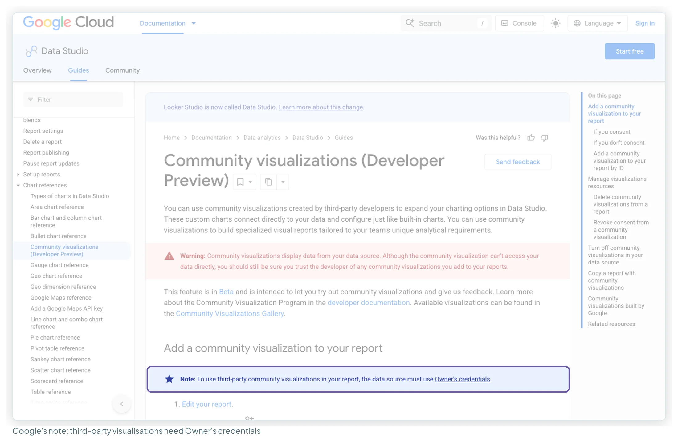 Google's community visualisations documentation with the note highlighted: to use third-party community visualisations, the data source must use Owner's credentials