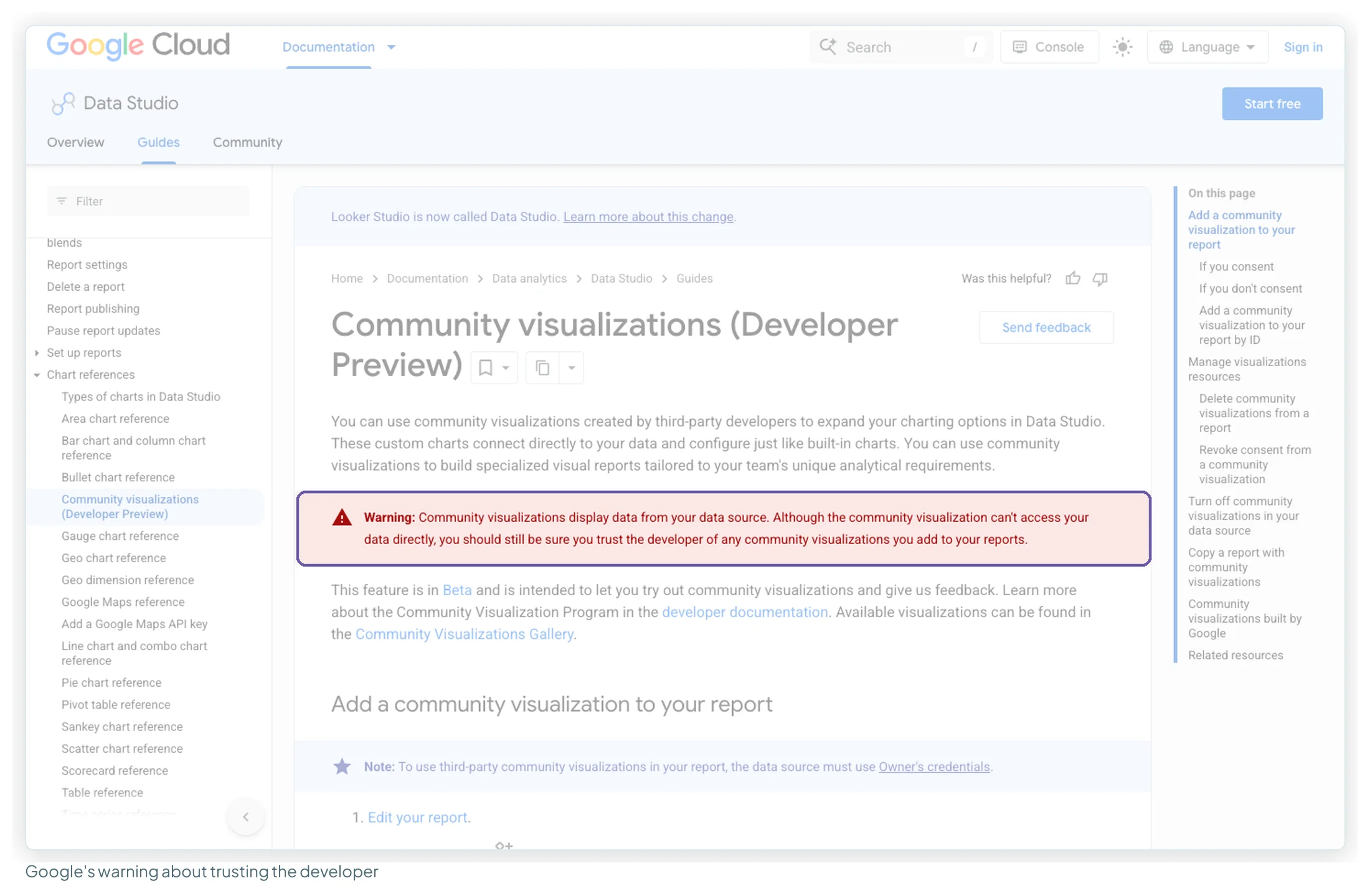 Google's community visualisations documentation with the red warning box about trusting the developer highlighted