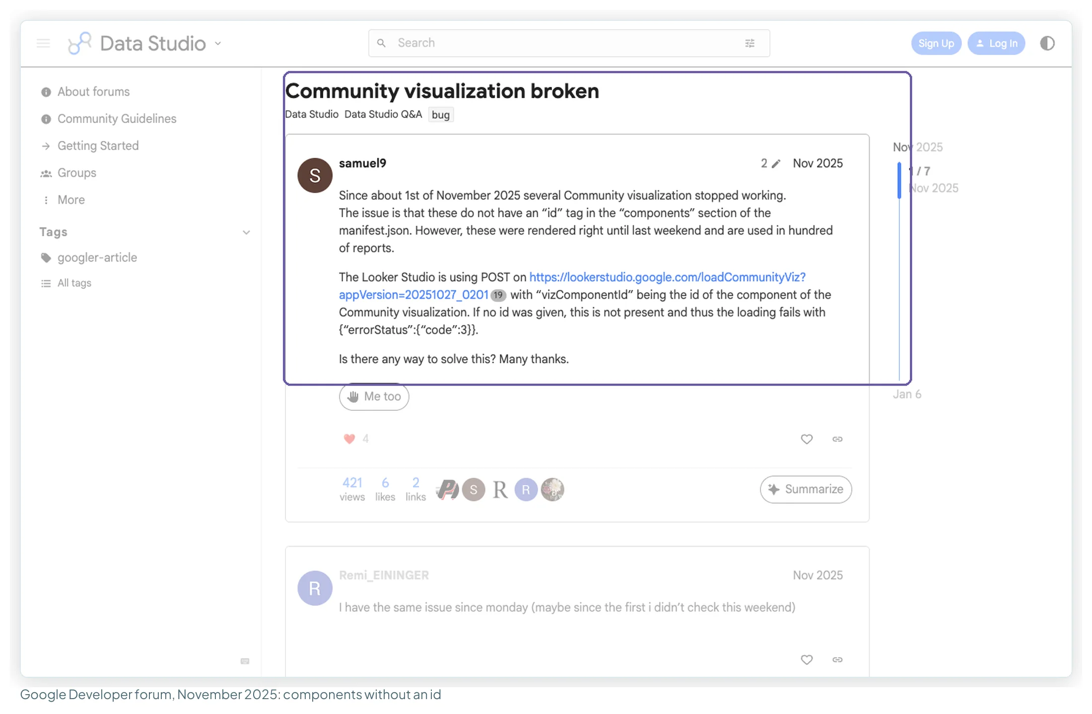 Google Developer forum thread Community visualization broken, November 2025, explaining that visualisations without an id in the manifest's components stopped working