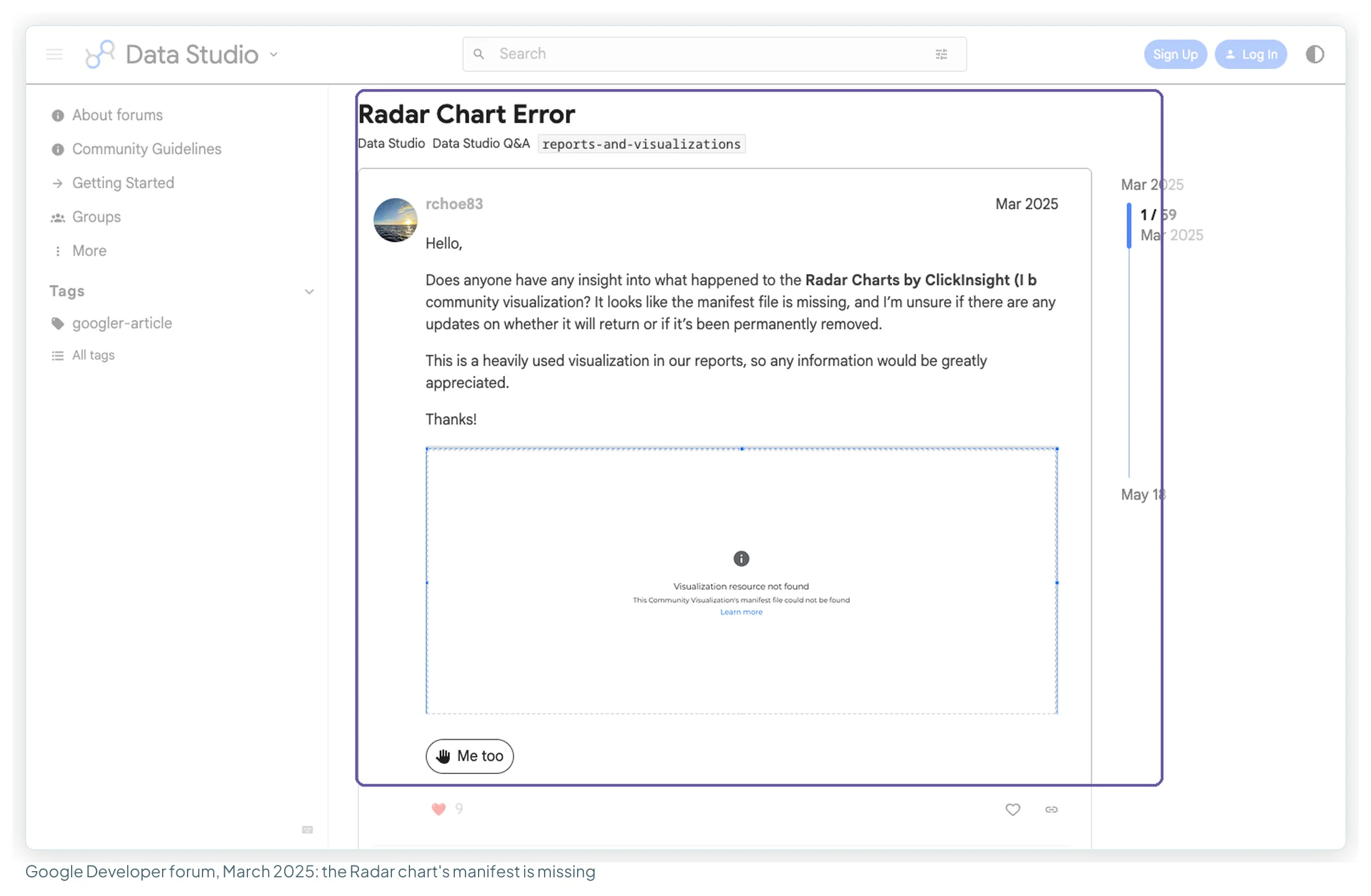 Google Developer forum thread Radar Chart Error from March 2025, asking what happened to the Radar Charts by ClickInsight, with the 'Visualization resource not found' message in the screenshot